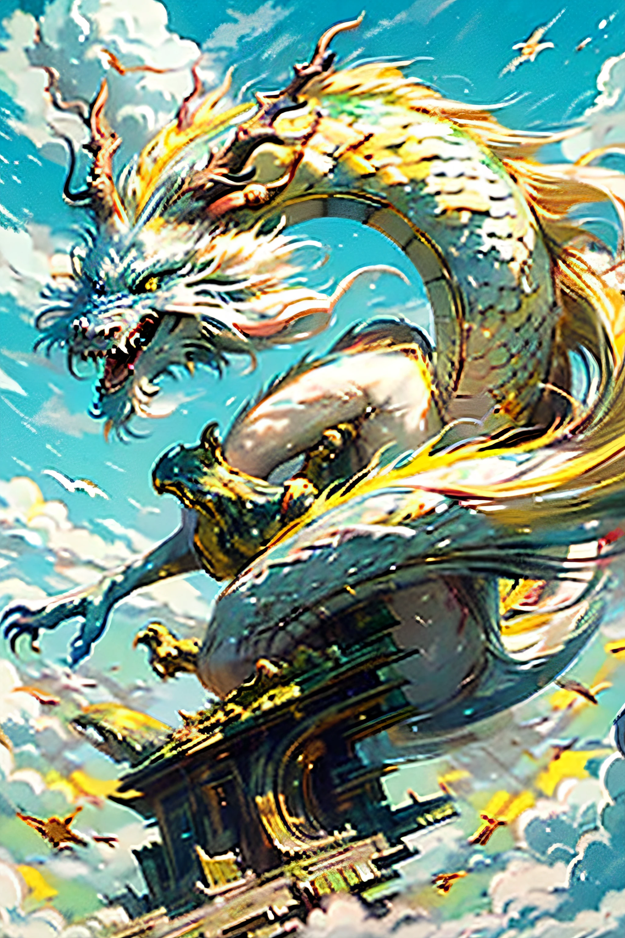 Best quality,masterpiece,ultra high res,nu no humans, (long:1.2),sky, yellow eyes, cloud, scales, eastern dragon, open mouth, sharp teeth, flying, horns, teeth, day, claws, fangs, blue sky