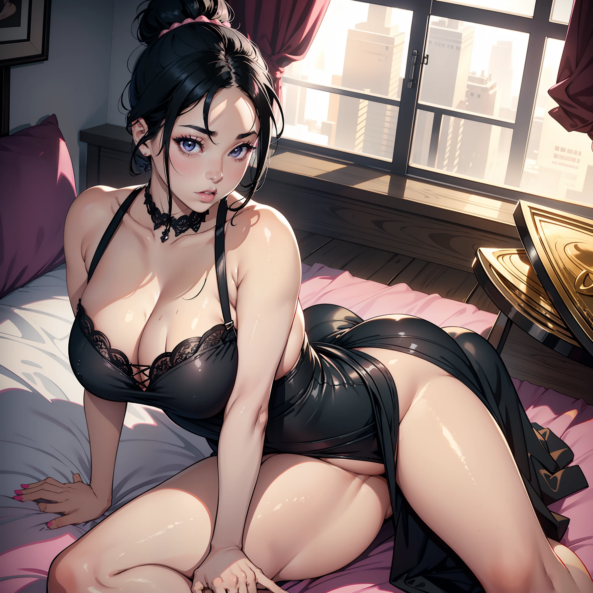 Sexy thick woman, black hair in a bun, plump face, seductive eyes, medium nose, perfect pink lips seductively parted, fairest skin, black long dress, stripping, exposing bare shoulders