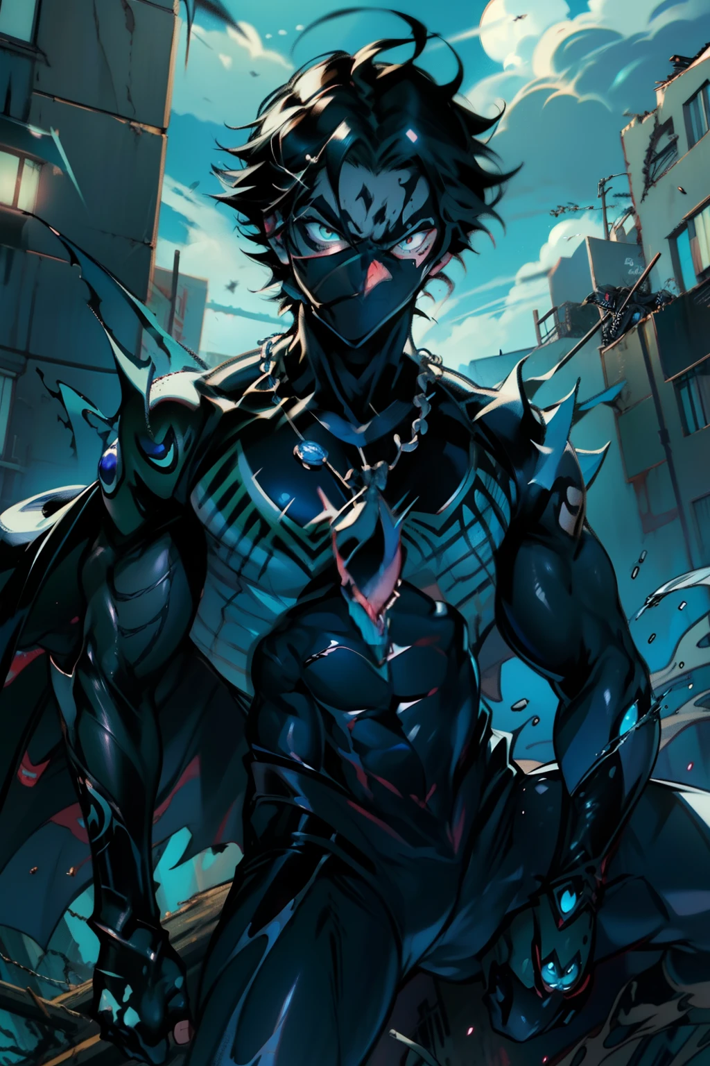《the original god》Arataki Kazuto , male people, chest muscle, Sexy , Venom symbiote for your body, Black mucus of the body , into venom, venomize,Black bodysuit,(Cloak),Red cape,Abs,(Adult male)((Venom possession,venom symbiote)),over-Tortoise Man,Battle damage,((Masterpiece)), ((Best quality)), Ultra detailed,((illustration)), Dynamic Angle, Detailed light, (Delicate eyes), Floating, 1boy, Male focus, Head, Clothing, Yellow eyes, necklace, tattoo, (Forehead:0.8), (ahoge:0.8), jewelry, brunette color hair,apathy,Ray, chest muscle, Sexy , Venom symbiote for your body, Black mucus of the body , (into venom), Venom,frontage,Bust photo,White tight-fitting top,spiderman outfit,style of anime4 K, 4K anime wallpaper, Badass anime 8 K, 4 k comic wallpaper, young anime man, Anime boys, Anime wallpapers 4 k, Anime wallpaper 4K, High quality anime art style, Anime moe art style, Anime art wallpaper 8 K, Anime art wallpaper 4 K, RGB lighting,