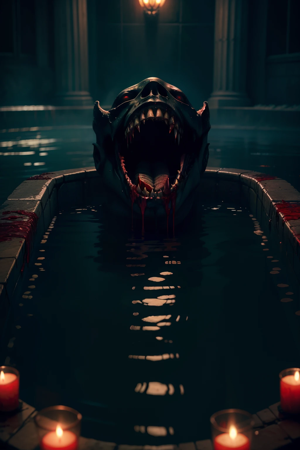 highres, masterpiece, perfect ligthing, bloom, cinematic lighting,
horror art, dread, a ghost bathing in the blood water, creepy, sharp teeth
