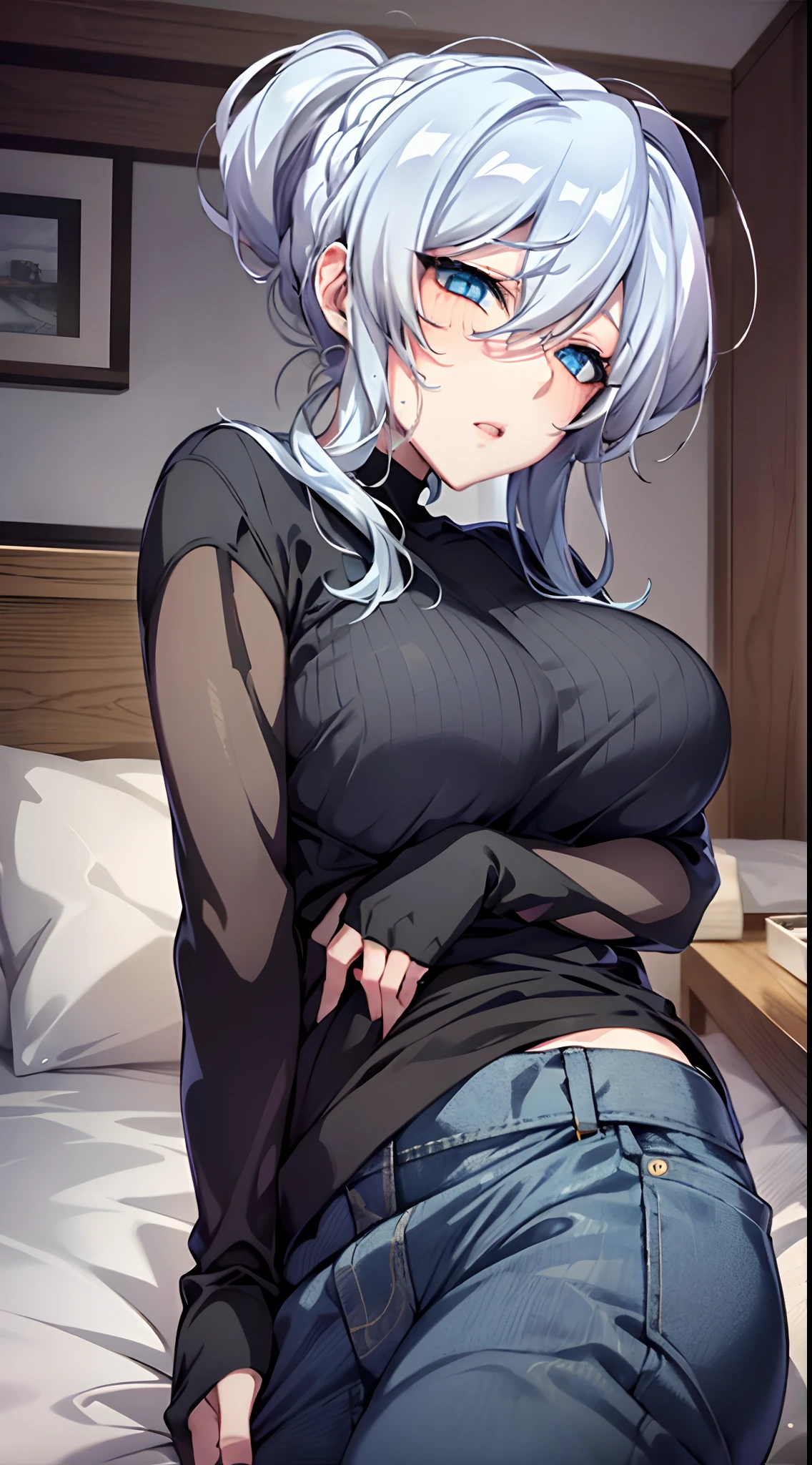 in bed, silver hair and blue eyes, black shirt and no bra, anime visual of a cute girl, screenshot from the anime film, & her expression is solemn, in the anime film, in an anime, anime visual of a young woman, she has a cute expressive face, still from anime, big breast, red cheek, lustful face, fair skin