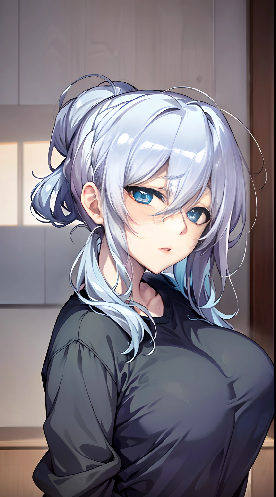 in bed, silver hair and  blue eyes, black shirt and no bra, anime visual of a cute girl, screenshot from the anime film, & her expression is solemn, in the anime film, in an anime, anime visual of a young woman, she has a cute expressive face, still from anime, big breast, red cheek, lustful face, fair skin