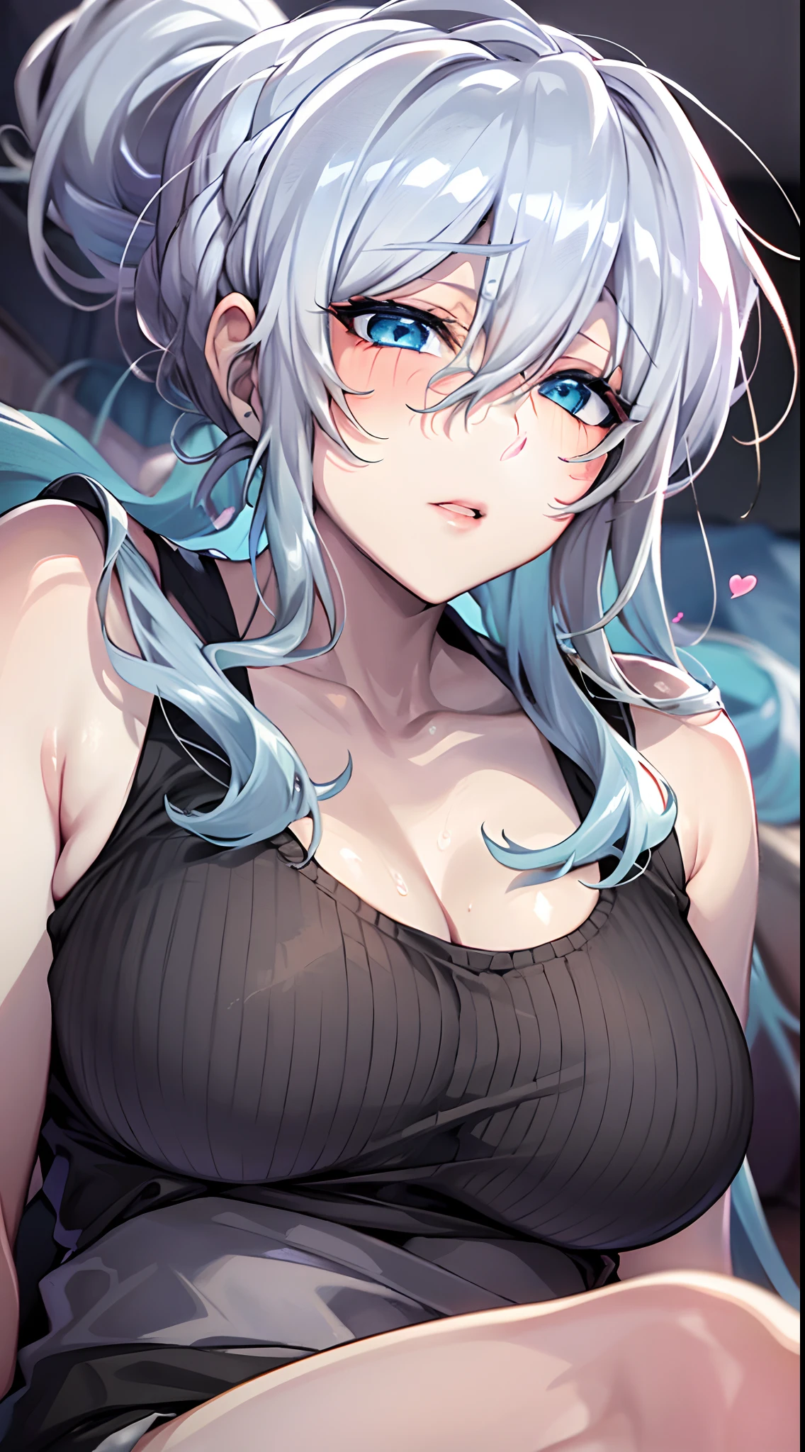 in bed, silver hair and  blue eyes, black shirt and no bra, anime visual of a cute girl, screenshot from the anime film, & her expression is solemn, in the anime film, in an anime, anime visual of a young woman, she has a cute expressive face, still from anime, big breast, red cheek, lustful face, fair skin