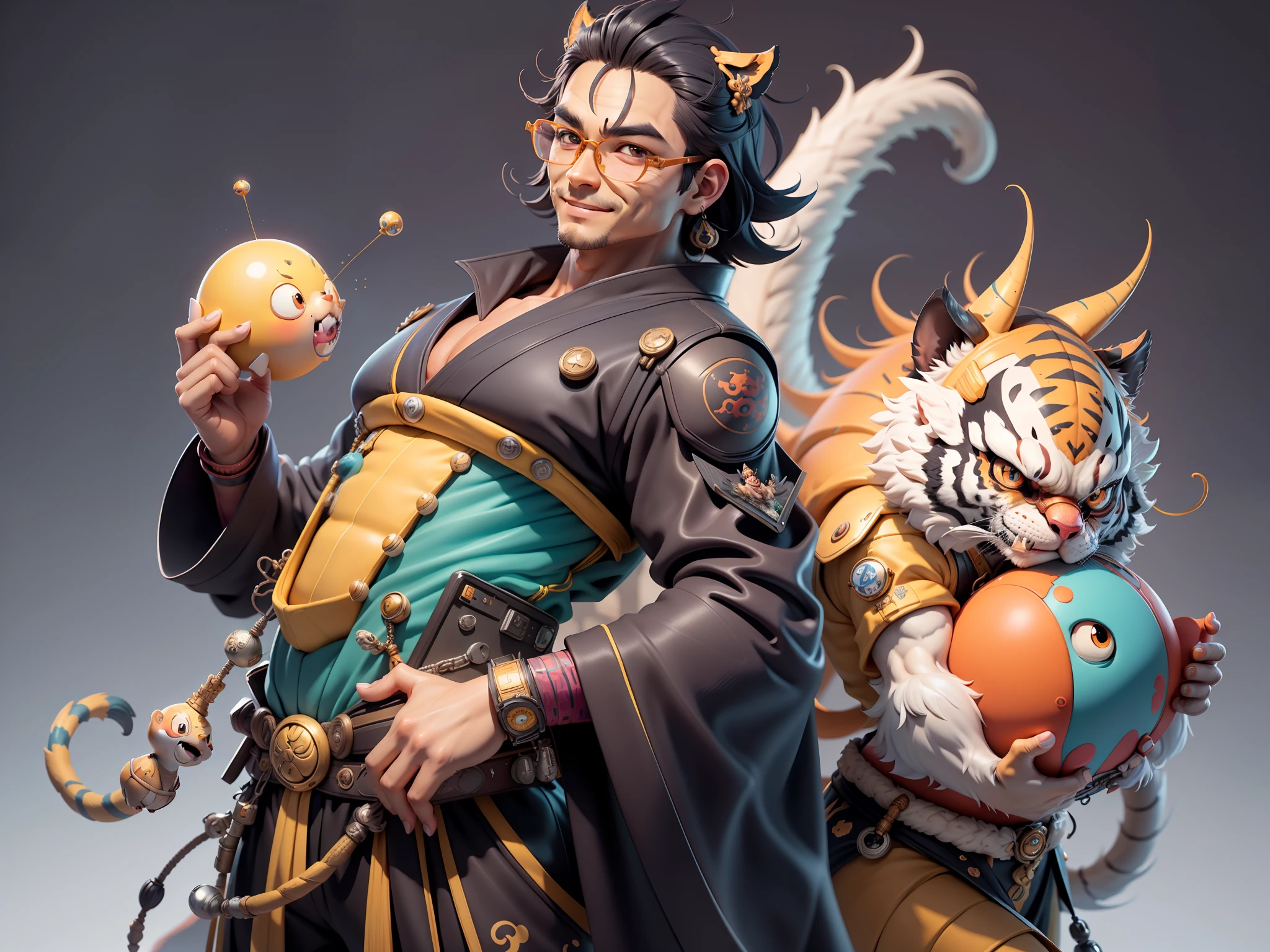 (Masterpiece), (Excellent), (Super Meticulous), (Full Body: 1.2), Super Young Man with Japanese Female Geisha, Pretty, Beautiful, Chinese Dragon, Tiger, Wind God Thor, Sexy, Bursting, Oriental Face, TV Anchor, Bust Portrait Illustration, Black Suit, Blue Tie, Slightly Chubby Face, Silver Glasses, Very Clean Face, No Beard on Chin, Black Super Short Hair, Black Eyes, Confident Smile, 3c Computer Sub-Products, iPad, iPhone, Digital Painting, 3D character design by Mark Clairedon and Pixar and Hayao Miyazaki and Akira Toriyama, the illustrations are HD illustrations in 4K resolution with highly detailed facial features and cartoon-style visuals.