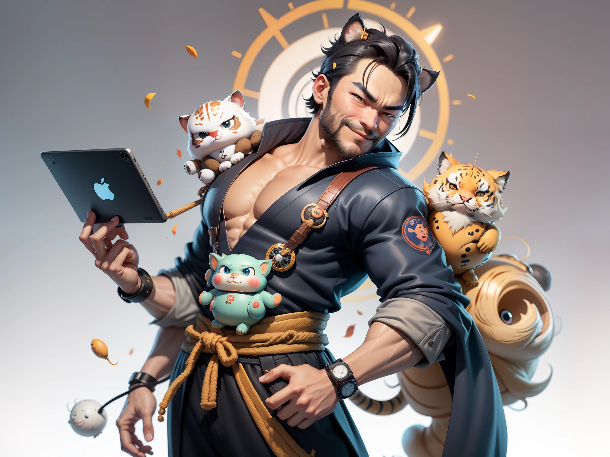 (Daisaku),(Need),(Super meticulous),(full bodyesbian:1.2),Super young man with Japanese geisha,Beautiful,orient,one tiger,Aeolian Thor,Raised sexy,爆乳,Oriental face,TV Anchor,Bust portrait illustration,In black suit,a blue tie,The face is slightly chubby,The face was clean,without a beard,Black super short hair,Black eyes,Smile confidently,3C computer sub-products,iPad, iphone,Digital painting,3D character design by Mark Clairen and Pixar and Hayao Miyazaki and Akira Toriyama,The illustration is a high-definition illustration in 4K resolution,With very detailed facial features and cartoon-style visuals。