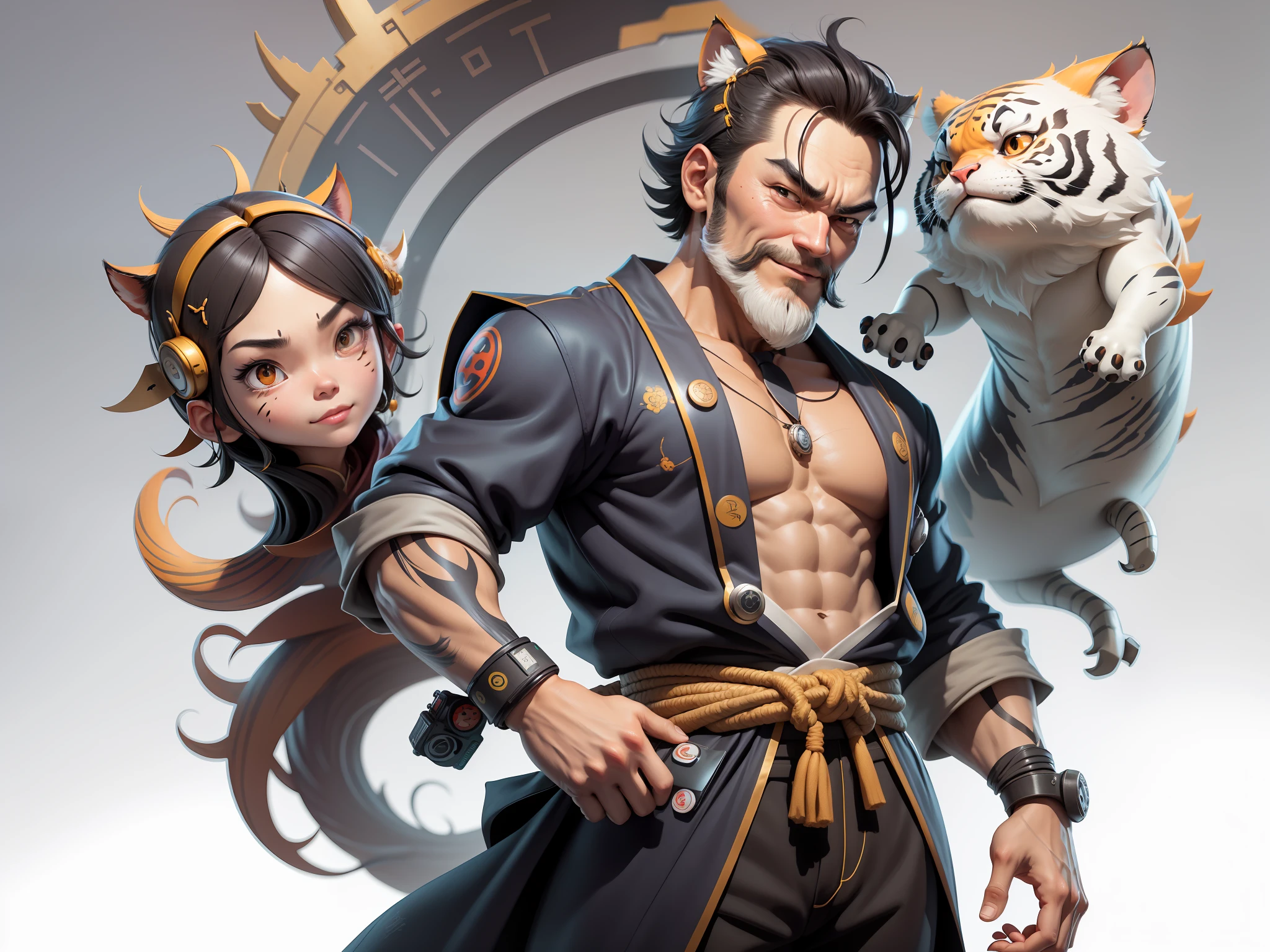 (Daisaku),(Need),(Super meticulous),(full bodyesbian:1.2),Super young man with Japanese geisha，Beautiful，orient，one tiger，Aeolian Thor，Raised sexy，爆乳，Oriental face，TV Anchor，Bust portrait illustration，In black suit，a blue tie，The face is slightly chubby，The face was clean，without a beard，Black super short hair，Black eyes，Smile confidently，3C computer sub-products，iPad， iphone，Digital painting，3D character design by Mark Clairen and Pixar and Hayao Miyazaki and Akira Toriyama，The illustration is a high-definition illustration in 4K resolution，With very detailed facial features and cartoon-style visuals。
