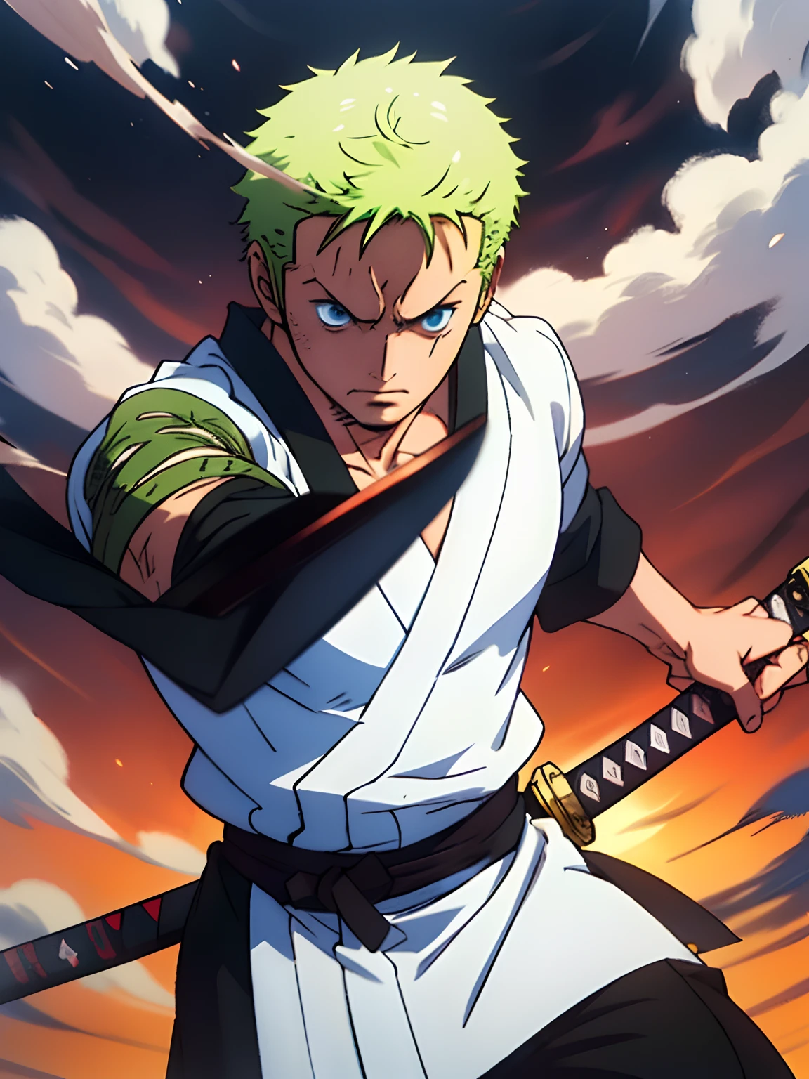 Roronoa Zoro (Masterpiece, 4k resolution, ultra-realistic, very detailed), (Theme of white samurai, charismatic, there is a swordsman next to a Japanese "isakaya" bar, wearing a blue kimono with cloud details on the "obi" track, he is commander of the first division of the leader of the mugiwara band, work "One Piece"), [ ((19 years), (short green hair:1.2),  full body, (blue eyes:1.2), ((Roronoa Zoro's pose), show of strength, unsheathing with one hand his katanas enma), ((Japanese rural environment):0.8)| (rural landscape, at dusk, dynamic lights), (blinded sun)), 1 katana]. # Explanation: Prompt mainly describes a 4k painting of ultra-high definition, very realistic, very detailed. It shows a swordsman, master of the Santoryu style of katanas, wearing a blue kimono with cloud details at the waist band. The subject in the painting is a subject of a white swordsman, holding with one hand his black katana enma, the male protagonist has short green hair, is 19 years old and his entire defined body is shown in the painting, with characteristics of pumped endomorph.