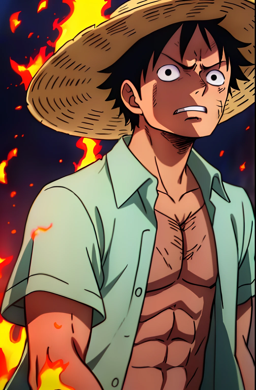 1boy, wanostyle, monkey d luffy, angry, straw hat, looking at viewer, solo, upper body, ((masterpiece)), (best quality), (extremely detailed), depth of field, sketch, dark intense shadows, sharp focus, soft lighting, hdr, colorful, good composition, fire all around, spectacular, closed shirt, anime screencap, scar under eye, ready to fight, black eyes