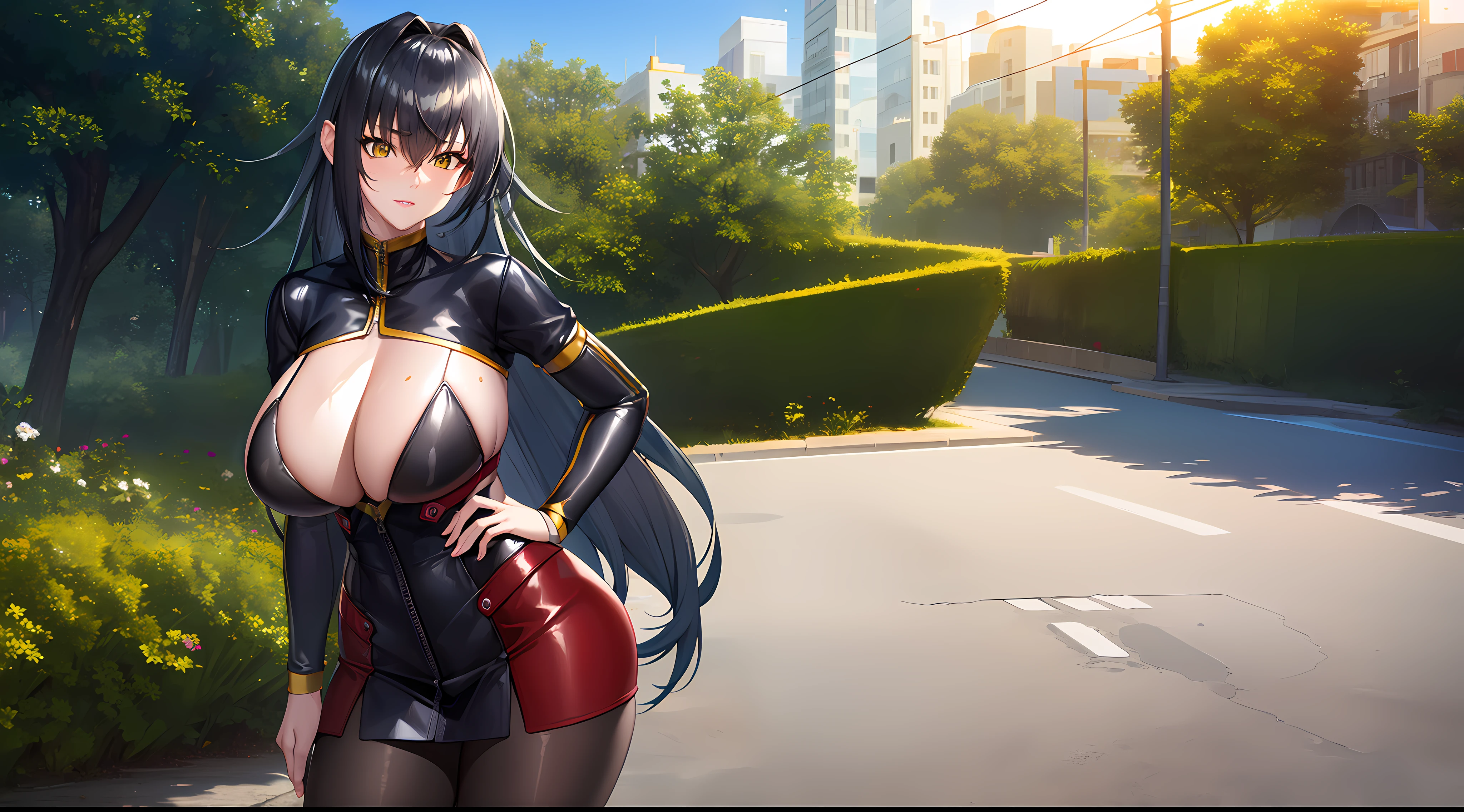 professional artwork, Intricate Details, field of view, sharp focus, detailed painting, photorealistic lighting, trending on pixiv, Standing at attention, black outfit ,yellow collared shirt,black and red bodysuit,skin_tight,black legwear, black pantyhose, Side_boob, black hair,very long hair, Bangs,yellow eyes,makeup, lipstick, 20yo,mature female,Beautiful Finger,Beautiful long legs,Beautiful body,Beautiful Nose,Beautiful character design, perfect eyes, perfect face, looking at viewer,official art,extremely detailed CG unreal engine 8k wallpaper, perfect lighting,Colorful, Bright_Front_face_Lighting, (masterpiece:1.0),(best_quality:1.0), ultra high res,4K,ultra-detailed, photography, 8K, HDR, highres, absurdres:1.2, Kodak portra 400, film grain, blurry background, (Beautiful,large_Breasts:1.4), (beautiful_face:1.5),(narrow_waist), (solo:1.4), ((landscape dimension)), rich detailed makeup, rich detailed eyeshadow, rich detailed lips, rich detailed lipstick, beautiful detail eyes