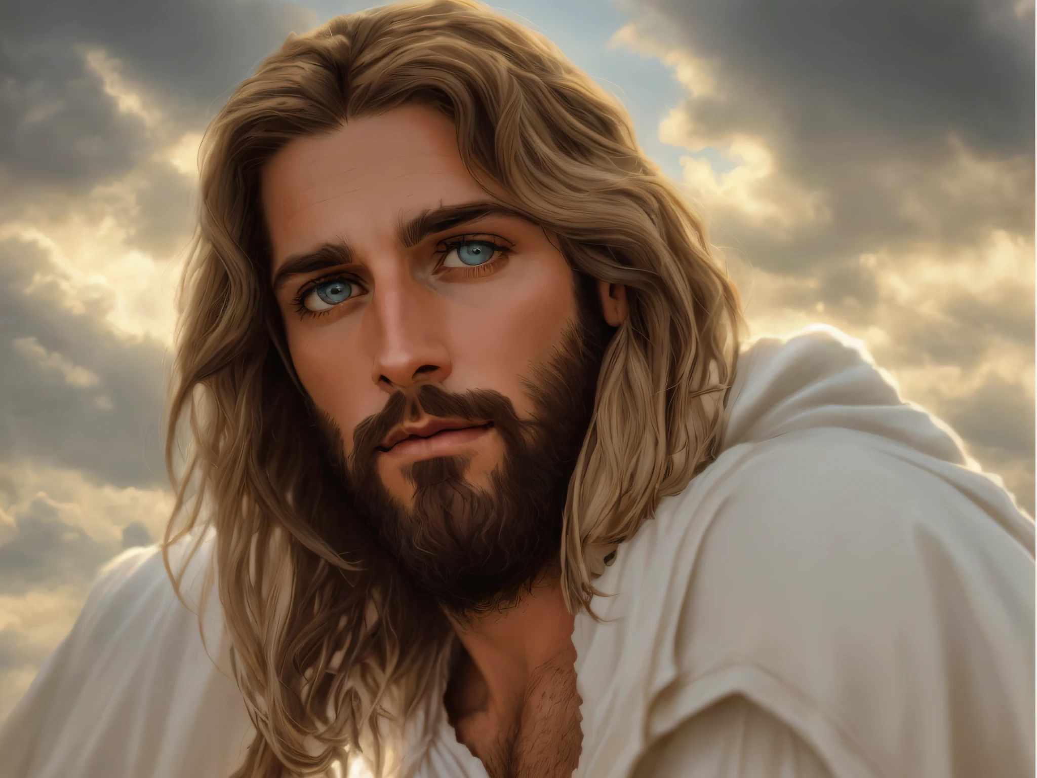 Imagem de Jesus com barba e manto branco, Jesus Cristo, Retrato de Jesus Cristo, rosto de Jesus, jesus of nazareth, Jesus, Vestido como Jesus Cristo, Jesus Gigachad, obra-prima muito bonita, beautiful image ever created, Greg Olsen, O Senhor e Salvador, Jesus Cristo em Mass Effect
