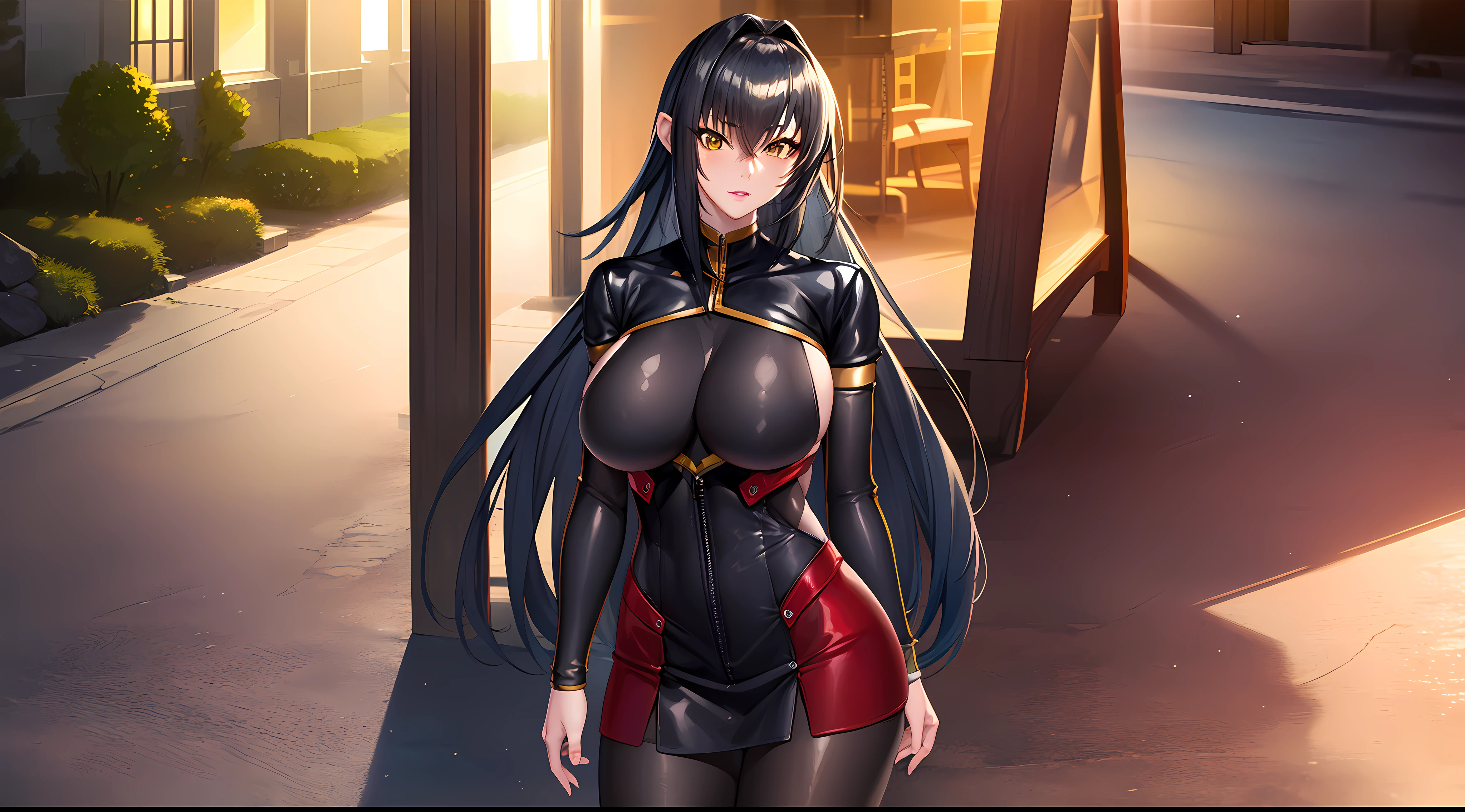 professional artwork, Intricate Details, field of view, sharp focus, detailed painting, photorealistic lighting, trending on pixiv, Standing at attention, black outfit ,yellow collared shirt,black and red bodysuit,skin_tight,black legwear, black pantyhose, Side_boob, black hair,very long hair, Bangs,yellow eyes,makeup, lipstick, 20yo,mature female,Beautiful Finger,Beautiful long legs,Beautiful body,Beautiful Nose,Beautiful character design, perfect eyes, perfect face, looking at viewer,official art,extremely detailed CG unreal engine 8k wallpaper, perfect lighting,Colorful, Bright_Front_face_Lighting, (masterpiece:1.0),(best_quality:1.0), ultra high res,4K,ultra-detailed, photography, 8K, HDR, highres, absurdres:1.2, Kodak portra 400, film grain, blurry background, (Beautiful,large_Breasts:1.4), (beautiful_face:1.5),(narrow_waist), (solo:1.4), ((landscape dimension)), rich detailed makeup, rich detailed eyeshadow, rich detailed lips, rich detailed lipstick, beautiful detail eyes