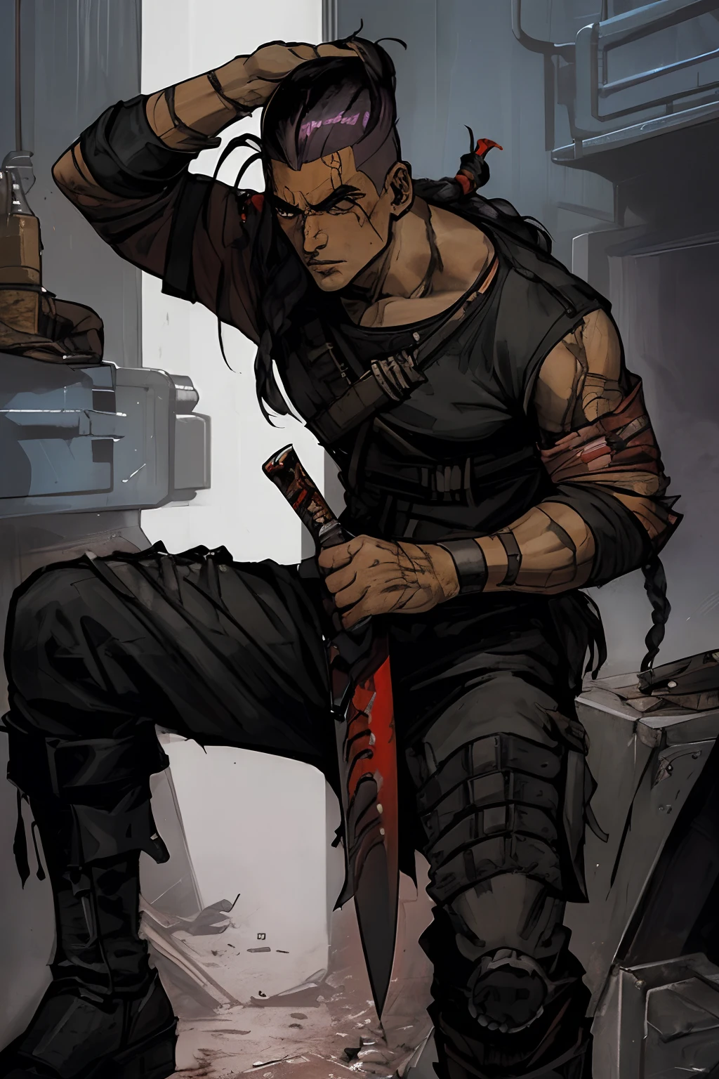 A badass stealthy Native American young man in long ragged futuristic scout gear wielding a blade, with a touch of blood and showcasing his skills as a futuristic ruthless butcher assassin and scout. He also has a shaved sides of his head and a long braid. Best quality, (masterpiece), ( methurlant), (comic), y2k animation, intricate detail, smooth, (futuristic),