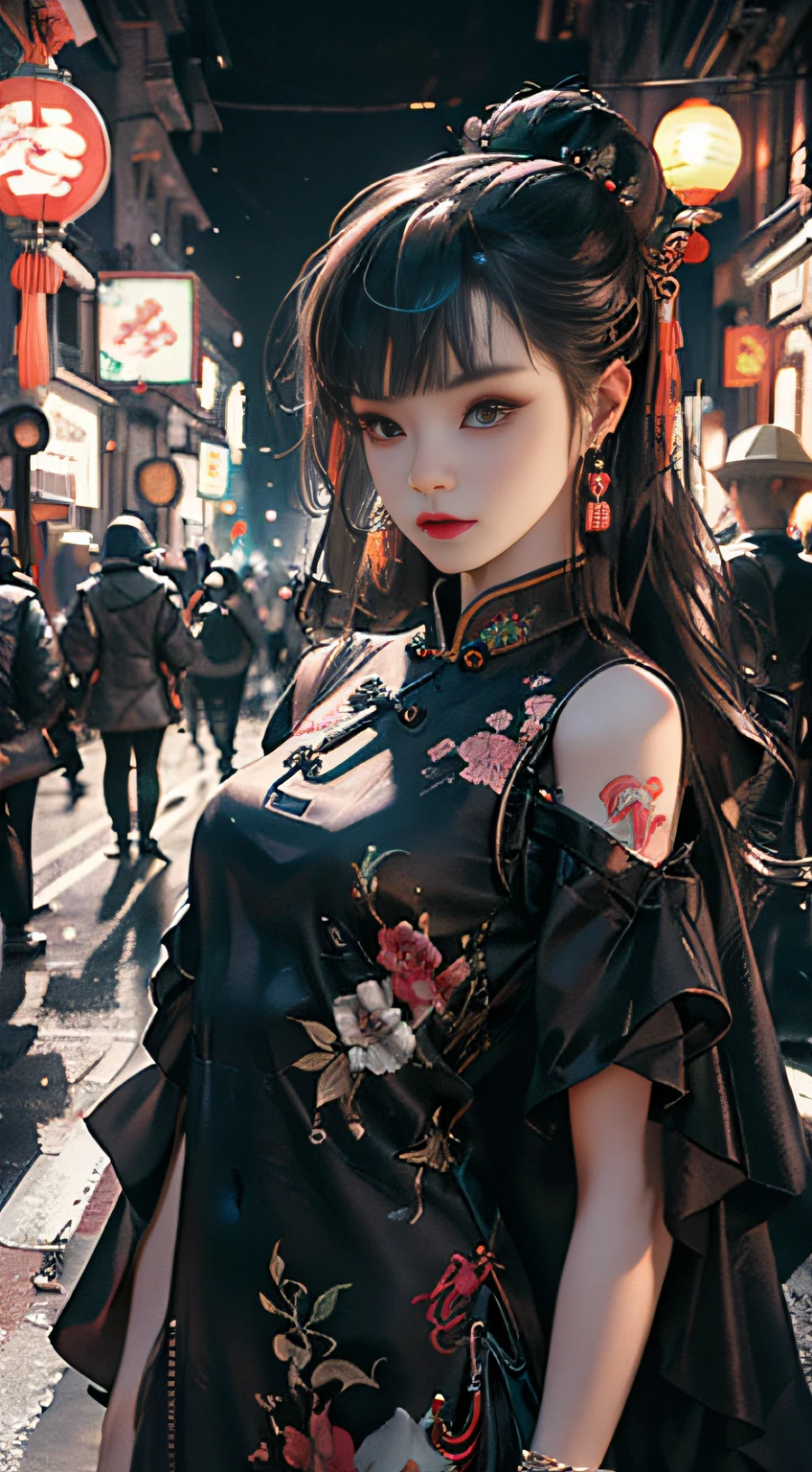 (Master Works :1.5), (Best picture quality :1.5), (Very Fine Detail, 8K, Wallpaper :1.3), Extremely Fine Detail, High Contrast, Complex Detail, physics-based rendering, Best Composition, Whole body, Cyberpunk Character Style, Dynamic Styling, 1 girl, Delicate in brown eyes, Eyeshadow, Makeup, Long black hair, Detailed big eyes, looking at the audience, blush, full small lips, red lips, long hair :1.3, upper body, (standing), (hair accessories :1.1), headwear, Chinese Cheongsam, Cyberstyle Cheongsam, blue-pink cheongsam, (Cyberpunk light :1.1), neon, all mechanical and futuristic elements, technology, background is traditional Chinese street, Chinese town, street, Paper lantern, Neon, Ultra High resolution, (Slim :1.2), dramatic lighting, vibrant Detail, luxurious Cyberpunk, Complex Background, octane render, 8k, best quality, Masterpiece, Illustration, Extremely delicate and beautiful, Very Detailed, CG, wallpaper, (realistic, Photorealistic :1.37), Amazing, Fine Detail, Masterpiece, Best quality, official art, (Natta :1.5) Cowboy lens