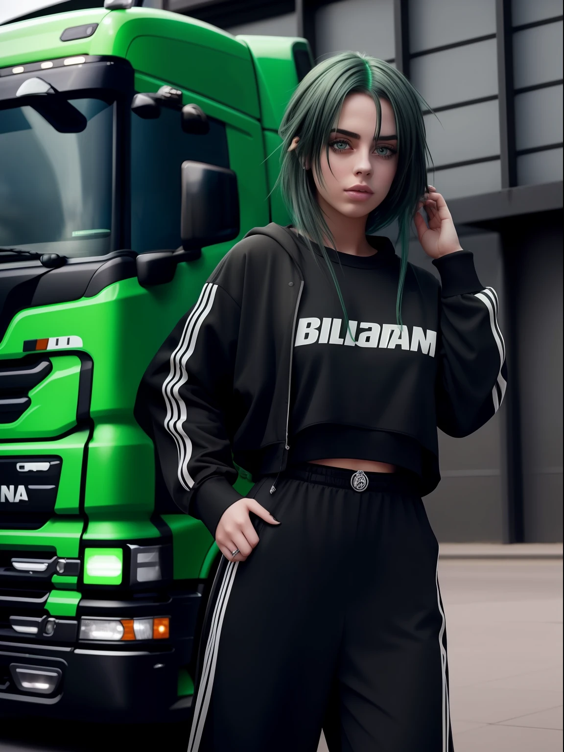 "Beautiful girl resembling Billie Eilish with black and green hair, wearing seductive attire, striking a pose next to an Scania truck."