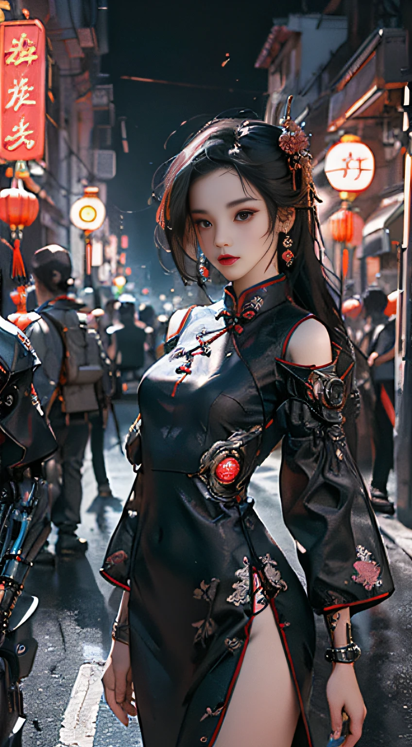 (Master Works :1.5), (Best picture quality :1.5), (Very Fine Detail, 8K, Wallpaper :1.3), Extremely Fine Detail, High Contrast, Complex Detail, physics-based rendering, Best Composition, Whole body, Cyberpunk Character Style, Dynamic Styling, 1 girl, Delicate in brown eyes, Eyeshadow, Makeup, Long black hair, Detailed big eyes, looking at the audience, blush, full small lips, red lips, long hair :1.3, upper body, (standing), (hair accessories :1.1), headwear, Chinese Cheongsam, Cyberstyle Cheongsam, blue-pink cheongsam, (Cyberpunk light :1.1), neon, all mechanical and futuristic elements, technology, background is traditional Chinese street, Chinese town, street, Paper lantern, Neon, Ultra High resolution, (Slim :1.2), dramatic lighting, vibrant Detail, luxurious Cyberpunk, Complex Background, octane render, 8k, best quality, Masterpiece, Illustration, Extremely delicate and beautiful, Very Detailed, CG, wallpaper, (realistic, Photorealistic :1.37), Amazing, Fine Detail, Masterpiece, Best quality, official art, (Natta :1.5) Cowboy lens