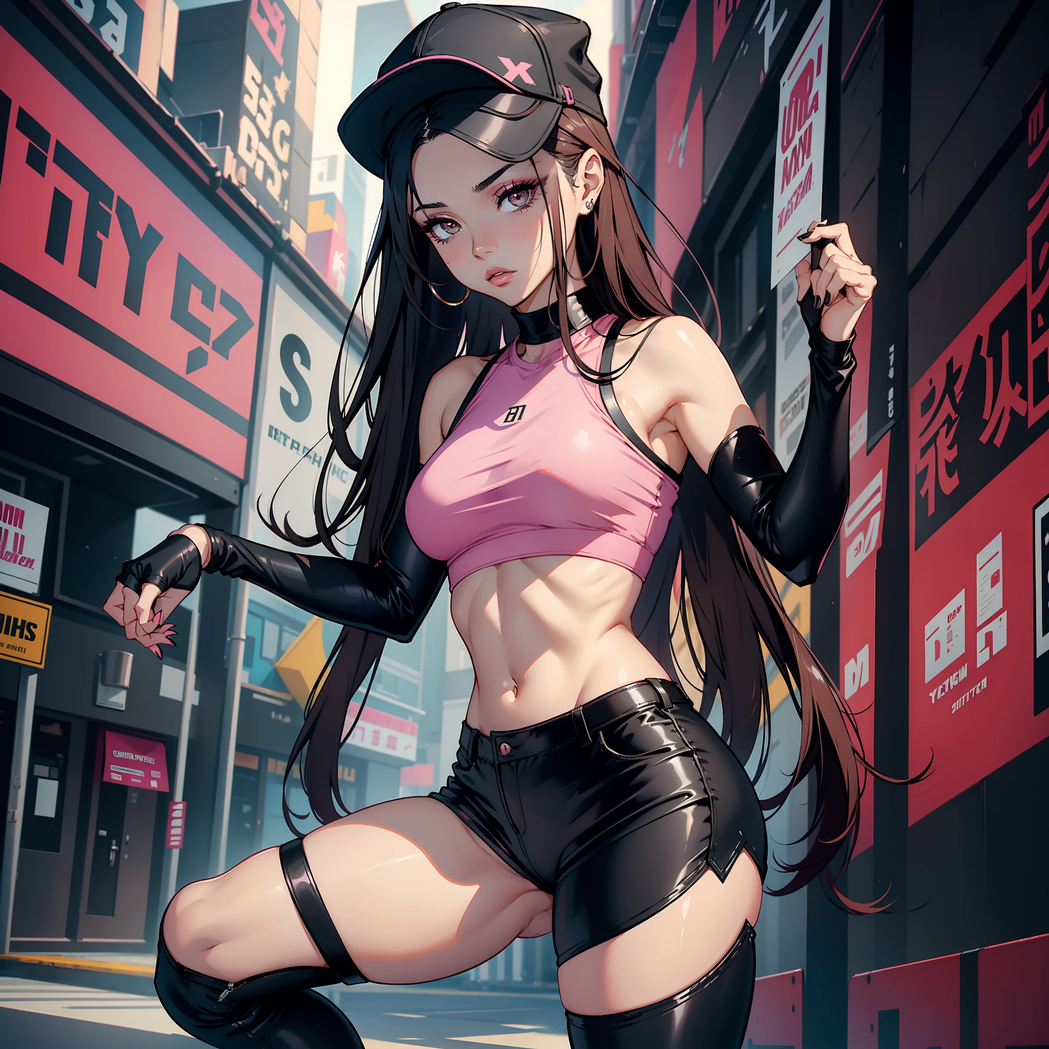 Sexy woman with long, sleek brown hair and dyed strands, wearing a stylish black cap. She has stunning makeup with black eyeliner and glossy lips, complementing her perfect face. She is dressed in a pink crop top, black skinny pants, and sneakers, showcasing her amazing fit body.