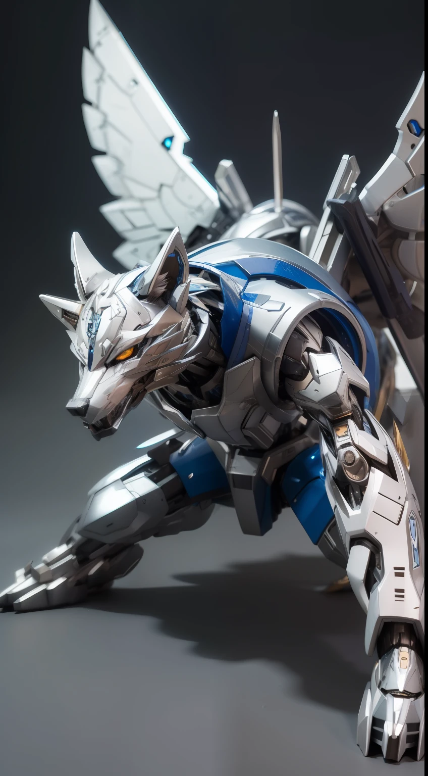 Silver-blue mecha wolf sculpture,Mechanical skin,Crawling attack stance,Silver mechanical articulated wing detailing,Explosive effect,Load weapon knives