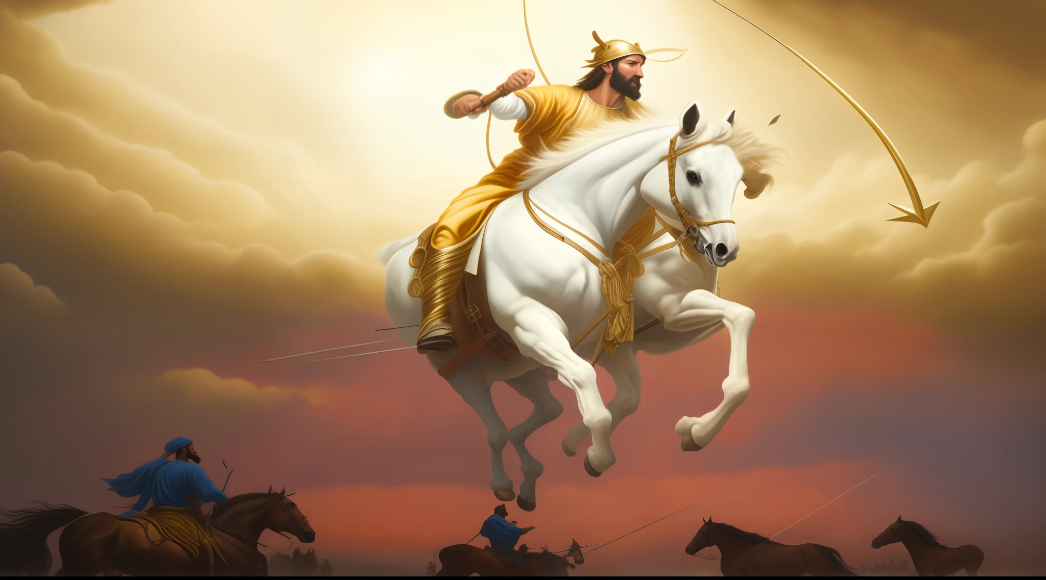 There is a painting of a man on a horse with a bow, epic biblical representation, Mito grego pintura digital, genie, arte conceitual de deus, puṣkaracūḍa, painting of wild hunt in the sky, o cavalo acima, bible illustration, Godrays Pintura Digital