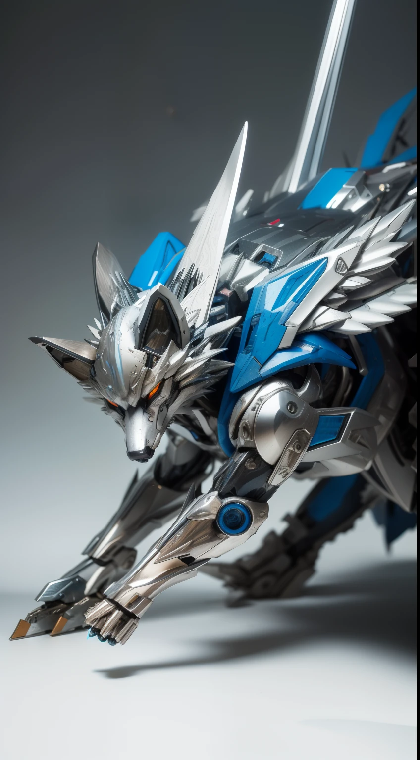 Silver-blue mecha wolf sculpture,Mechanical skin,Crawling attack stance,Silver mechanical articulated wing detailing,Explosive effect,Load weapon knives