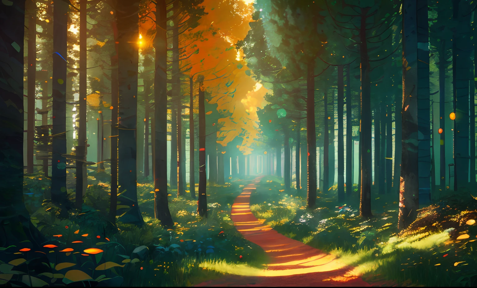 Analog style, ChromaV5, nwinkpunk (extremely detailed CG unity 8k wallpaper), forest scenery from The Nine Princes of Amber, lens flares, award-winning photography, chromatic aberration, detail, HDR, Bloom, Monet style, Pissarro and Sisley, trending on ArtStation , a trend on CGSociety, art from mid-travel