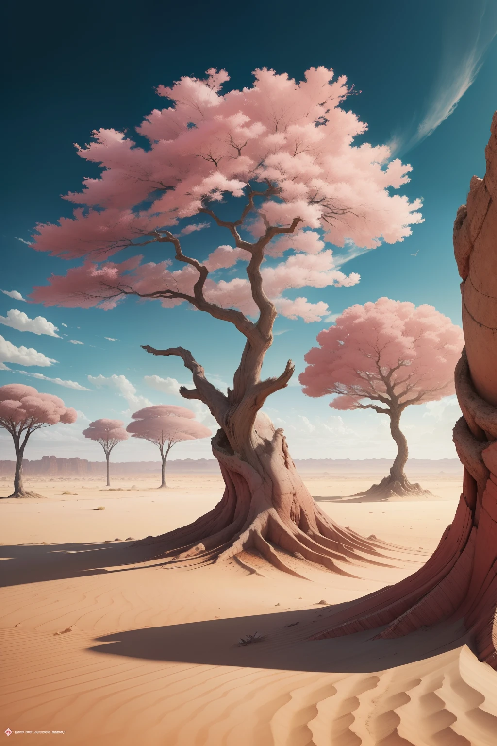 夏天, deserto, ancient trees, nuvens cor-de-rosa, uma terra coberta de rosas, Tiago Gurney, art station rendering, Ultra-wide lento, highes definition.