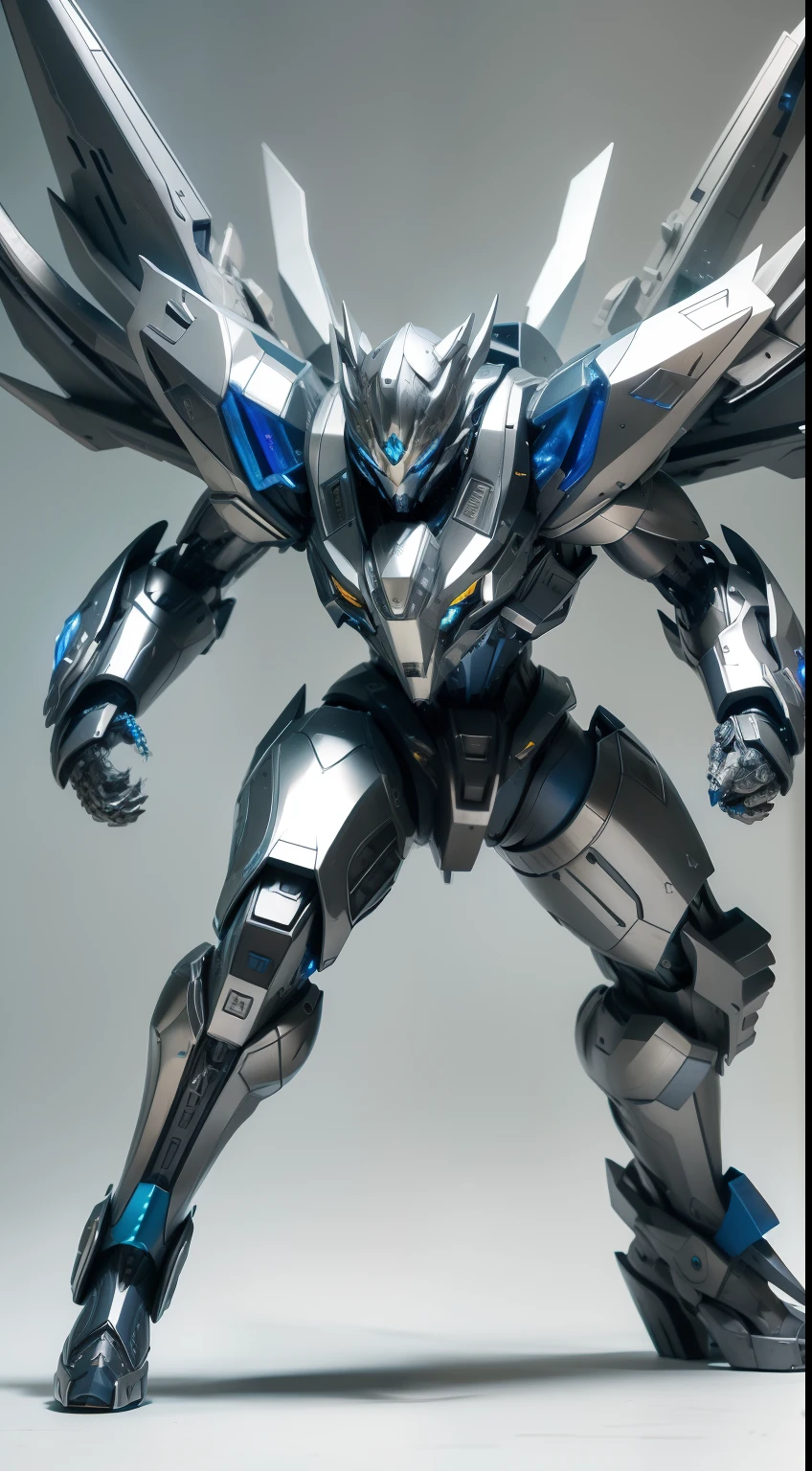 Silver-blue mecha wolf sculpture,Mechanical skin,Crawling attack stance,Silver mechanical articulated wing detailing,Explosive effect,Load weapon knives
