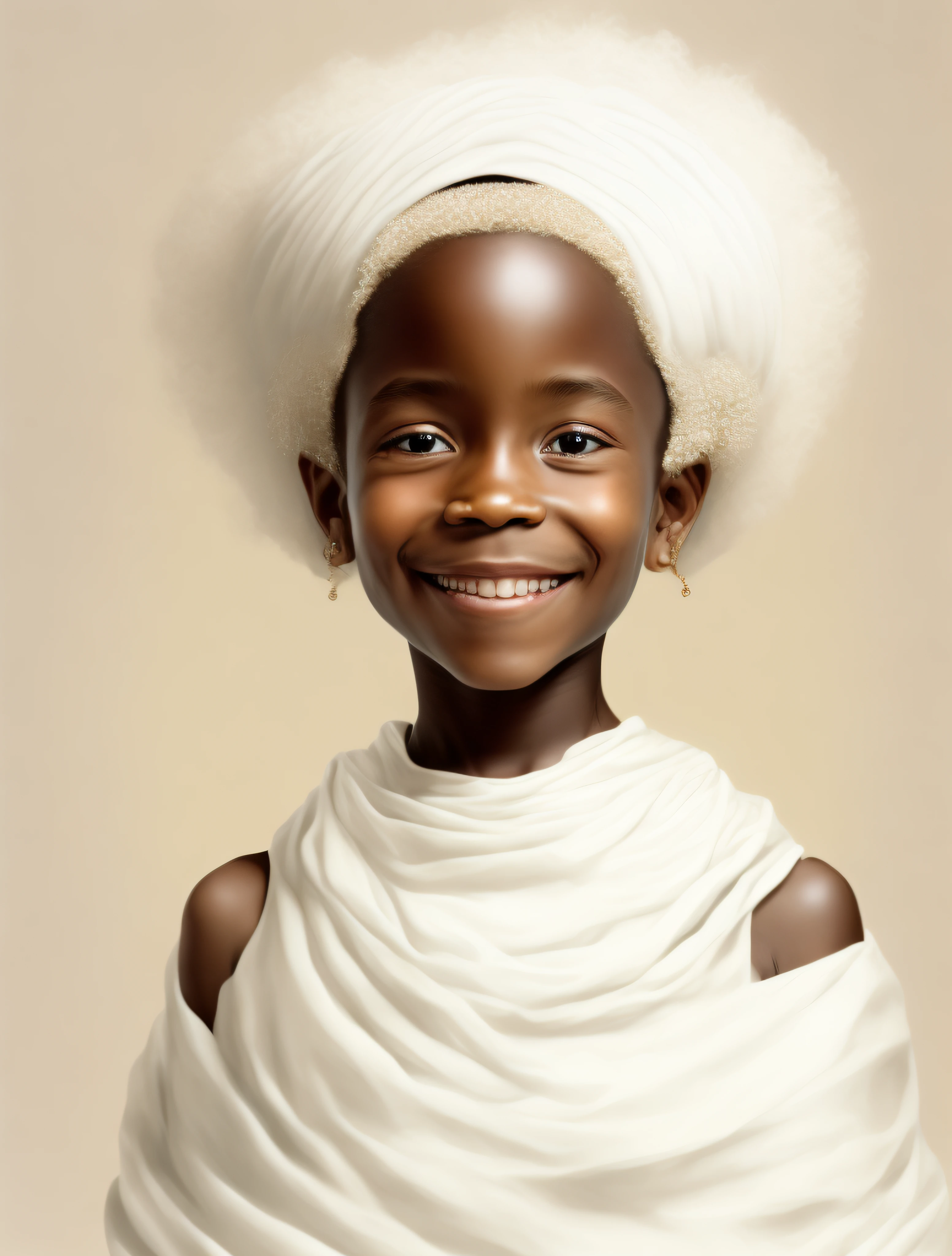 barnet,Hope,The Orisha, (((child smiling))),sorrindo,dentes brancos,(((Sorriso aberto))), happy child, God of creation, Ioruba, Yoruba deity, olhar de menino, sensivel, sorrindo, belo, Props in white tones, vestindo um ade detalhado e intrincado, cosmic goddess,Afrofuturista, fundo branco