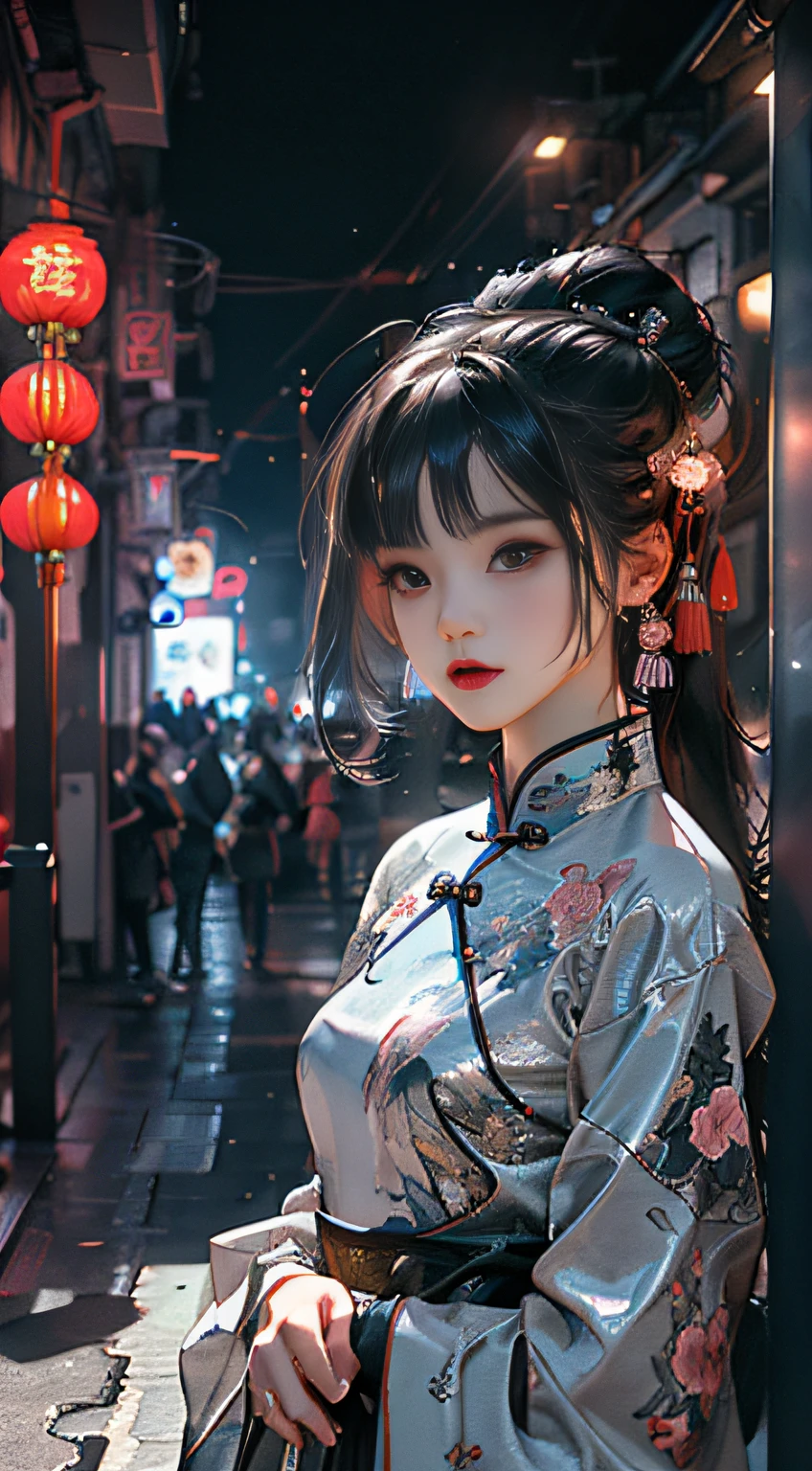 (Master Works :1.5), (Best picture quality :1.5), (Very Fine Detail, 8K, Wallpaper :1.3), Extremely Fine Detail, High Contrast, Complex Detail, physics-based rendering, Best Composition, Whole body, Cyberpunk Character Style, Dynamic Styling, 1 girl, Delicate in brown eyes, Eyeshadow, Makeup, Long black hair, Detailed big eyes, looking at the audience, blush, full small lips, red lips, long hair :1.3, upper body, (standing), (hair accessories :1.1), headwear, Chinese Cheongsam, Cyberstyle Cheongsam, blue-pink cheongsam, (Cyberpunk light :1.1), neon, all mechanical and futuristic elements, technology, background is traditional Chinese street, Chinese town, street, Paper lantern, Neon, Ultra High resolution, (Slim :1.2), dramatic lighting, vibrant Detail, luxurious Cyberpunk, Complex Background, octane render, 8k, best quality, Masterpiece, Illustration, Extremely delicate and beautiful, Very Detailed, CG, wallpaper, (realistic, Photorealistic :1.37), Amazing, Fine Detail, Masterpiece, Best quality, official art, (Natta :1.5) Cowboy lens