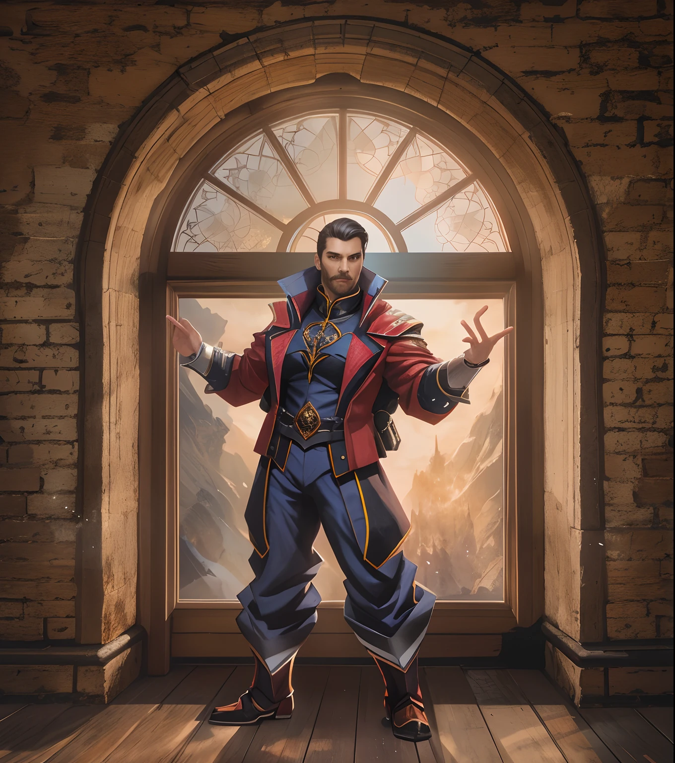 A man stands in front of a window with outstretched arms, Portrait of Professor Sinister, Full-length portrait of a character, Full-length portrait of a character, full art illustration, Character portrait, Epic character portrait, official character art, Full-length portrait of a character, Illustration of an official character, inspired by Johannes Helgeson, D & Full-length portrait in D style