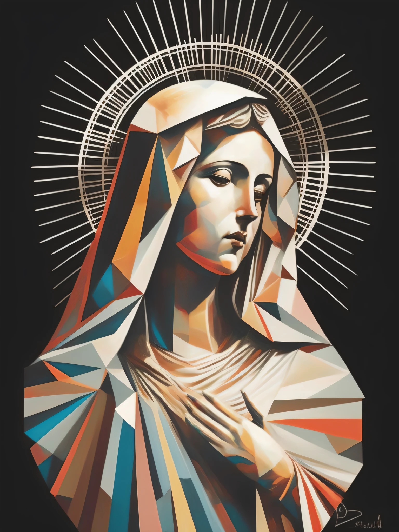 a painting of a woman with a halo on her head, Virgem Maria, Retrato da Virgem Maria, geometrical masterpiece, arte poligonal, majestosa mulher de santo, arte vetorial altamente detalhada, catholic religious art, obra-prima obra de arte, arte magistral e intrincada, santo e belo, queen of heaven, artista desconhecido, arte vetorial, Obra-prima da arte digital, arte digital detalhada