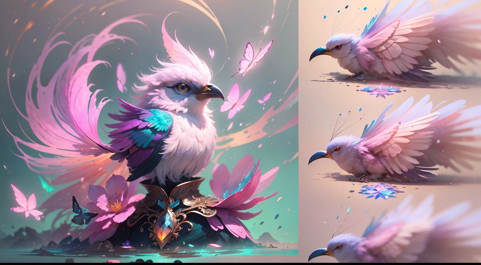 (((masterpiece))), (((best quality))), ((ultra-detailed)),(highly detailed CG illustration), ((an extremely delicate and beautiful)),cinematic light, Create a stunning fantasy artwork that mimics the style of currently trending masters of the genre. The art piece should contain elements of both mythic fantasy and fairytale fantasy with colorful accents. ((Utilize various shades of pink and watercolor pastels as the main color scheme.)) The character in the artwork is a delicate but strong petite figure with an aura of mystery and magic. Pay close attention to intricate facial features, such as mesmerizing eyes with vibrant colors and bold shading. The character's clothing should be designed with gossamer feathers, silk, stunning embroidery, and subtle iridescent details. Incorporate dreamy colors, dynamic lighting, and detailed background elements to create a sense of awe and immersion. Include colorful flying magical birds and jewel-toned butterflies radiating a magical aura. Consider the latest trends in fantasy art, such as incorporating unique lighting effects, exploring dynamic and compelling composition techniques, and experimenting with unique color palettes. Take inspiration from the top artists on ArtStation and Midjourney. Camera: Choose an angle that highlights the character's beauty and enhances the magical majesty of the artwork. Lighting: Utilize atmospheric lighting techniques to create depth and mood. Resolution: Aim for a high-resolution artwork to showcase intricate details and clarity. Art Inspirations: Seek inspiration from the trending artists on ArtStation, exploring different styles, genres, and themes.