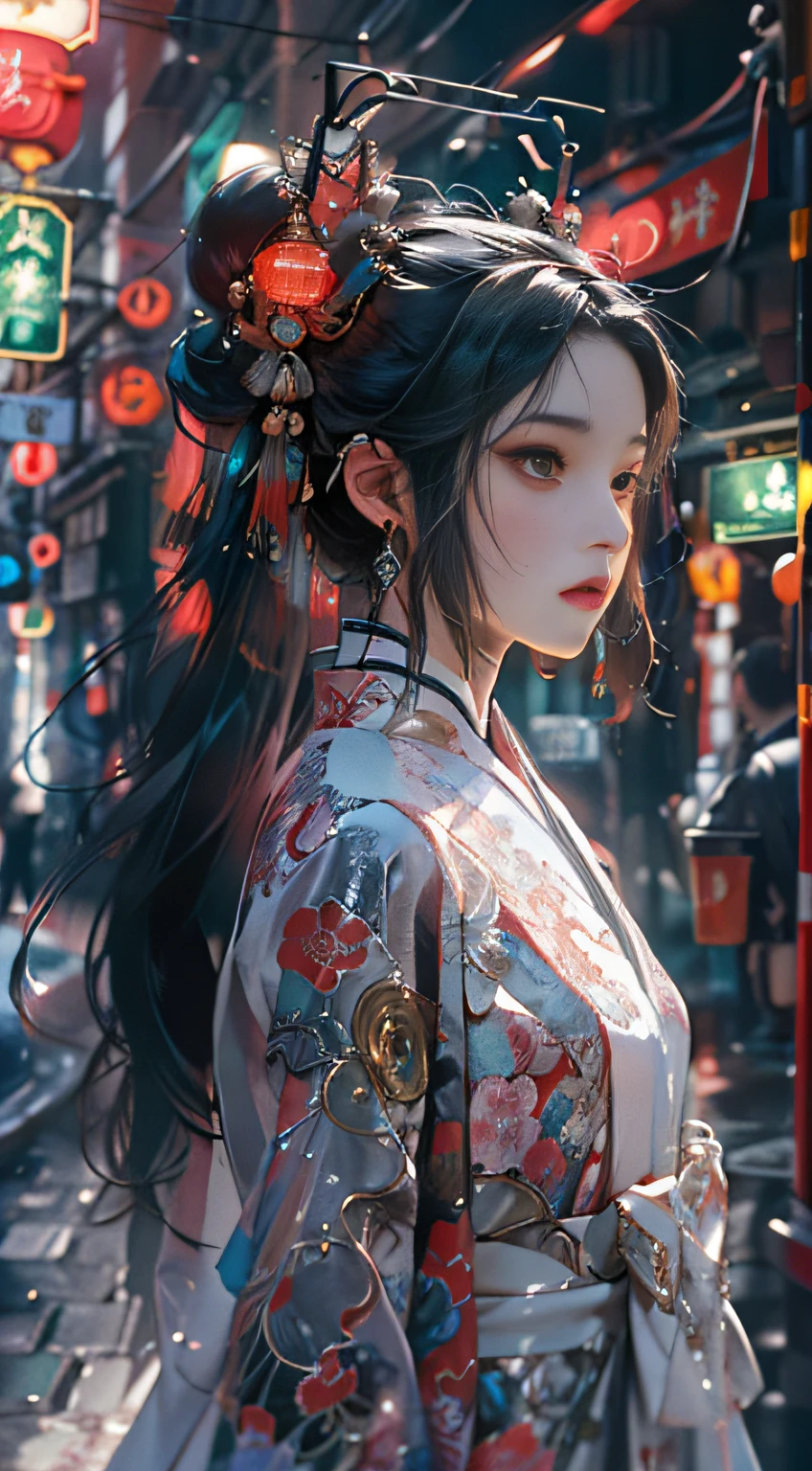 (Works of masters:1.5)，(best qualityer:1.5)，(Very fine detail 8K wallpaper:1.3)，(Ultra-thin tail)，Extremely fine details，hight contrast，complexdetails，Photon maps，physically-based renderingt，Best composition，full bodyesbian，cyber punk perssonage，dynamicposes，1girll，Elaborate Eyes，Brown eyes，eye shadows，putting makeup on，long whitr hair， 详细的脸， Detailed eyes， looking at viewert， blusher\（putting makeup on\）， full pouty lips， Redlip，（long whitr hair：1.3）， The upper part of the body， （Fingers are normal and natural）（standing on your feet）Mechanical static，Mechanical summoning，(hair adornments:1.1)，head gear，Chinese outfit，on cheongsam，Cyberhanfu，Manteau blanc，城市，Ruins，Illuminated wire winding，glowing butterflies，cyberpunk lights:1.1)，neonlight，Fully mechanical and futuristic elements，technologies，The background is a traditional Chinese street，china town， the street， Skysky， cyber punk perssonage， paper lanterns， Neon Super Resolution，（真实感：1.3），1（slim：1.2），dramatic lights，vibrant detail，Luxurious cyberpunk，the complex background，rendering by octane，8k，best qualtiy，tmasterpiece，illustratio，Extremely refined and beautiful，The is very detailed，CG，Wallpapers，（realisticlying，photo-realistic：1.37），astounding，finedetail，tmasterpiece，best qualtiy，offcial art，（natta：1.5）cowboy lens