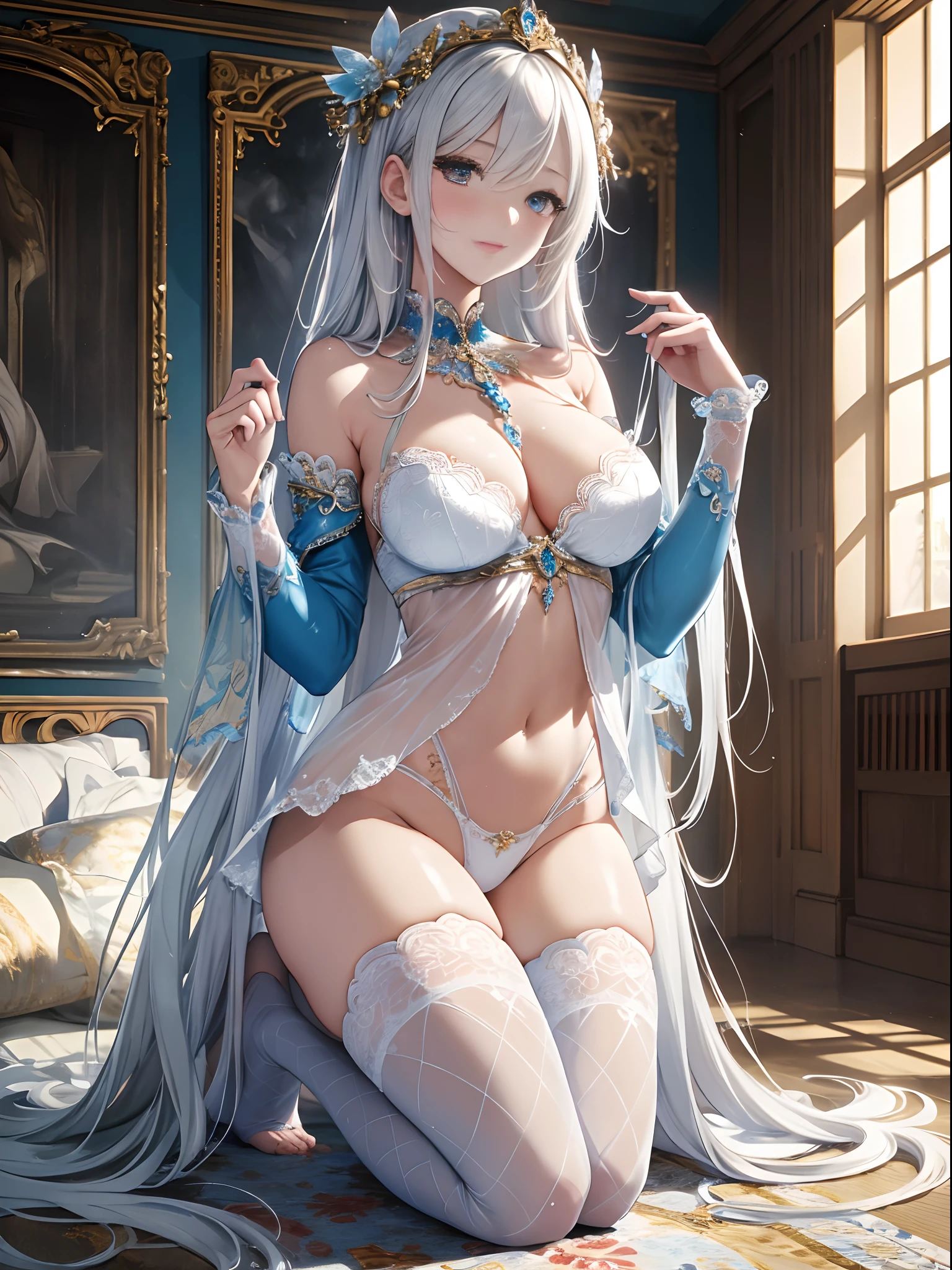 （Enrich the picture，Masterpiece level quality）Beautiful 8K CG artwork，Goddess-like posture，Kneeling exercise，Slim and soft，Translucent skin，White hair、The beauty of extra-long hair, Super Long Straight Hair，The skin is fair and juicy，Underwear uniforms，Perspective Part 1.2x enhanced silhouette effect，Exquisite transparent blues pattern in pajamas，The details are intricate and exquisite，The background is slightly blurred，Charming and lustful leg seduction，Drool，Extra-large big breasts，Blush，Japan goddess，Perfect body slim curves，