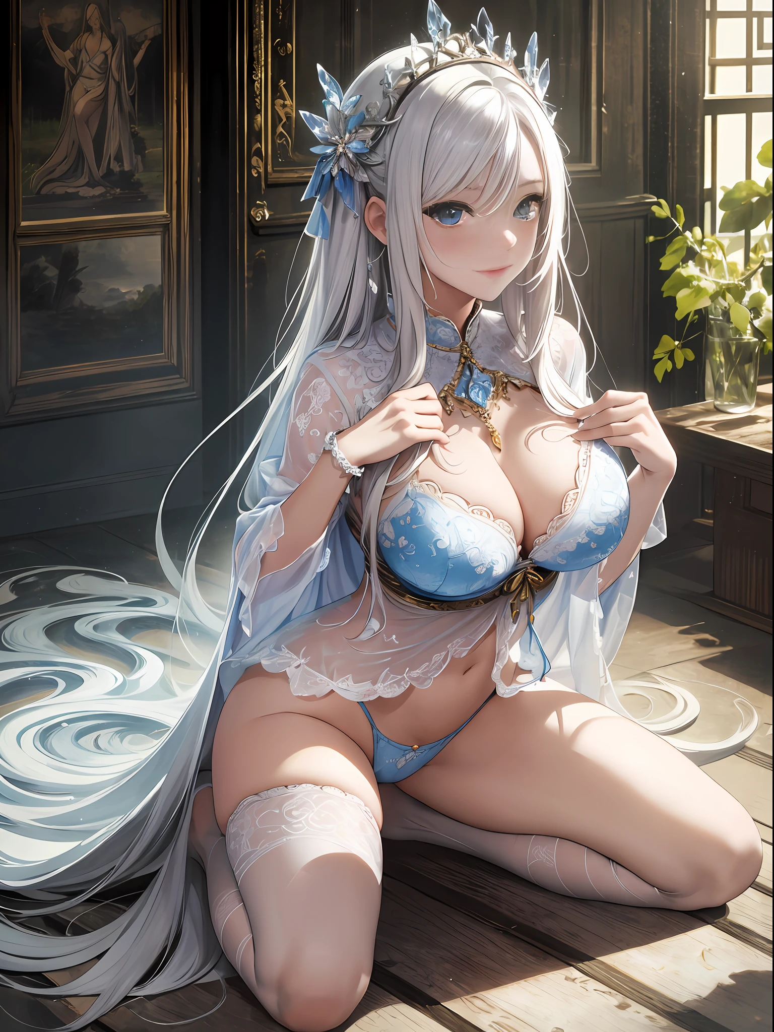 （Enrich the picture，Masterpiece level quality）Beautiful 8K CG artwork，Goddess-like posture，Kneeling exercise，Slim and soft，Translucent skin，White hair、The beauty of extra-long hair, Super Long Straight Hair，The skin is fair and juicy，Underwear uniforms，Perspective Part 1.2x enhanced silhouette effect，Exquisite transparent blues pattern in pajamas，The details are intricate and exquisite，The background is slightly blurred，Charming and lustful leg seduction，Drool，Extra-large big breasts，Blush，Japan goddess，Perfect body slim curves，