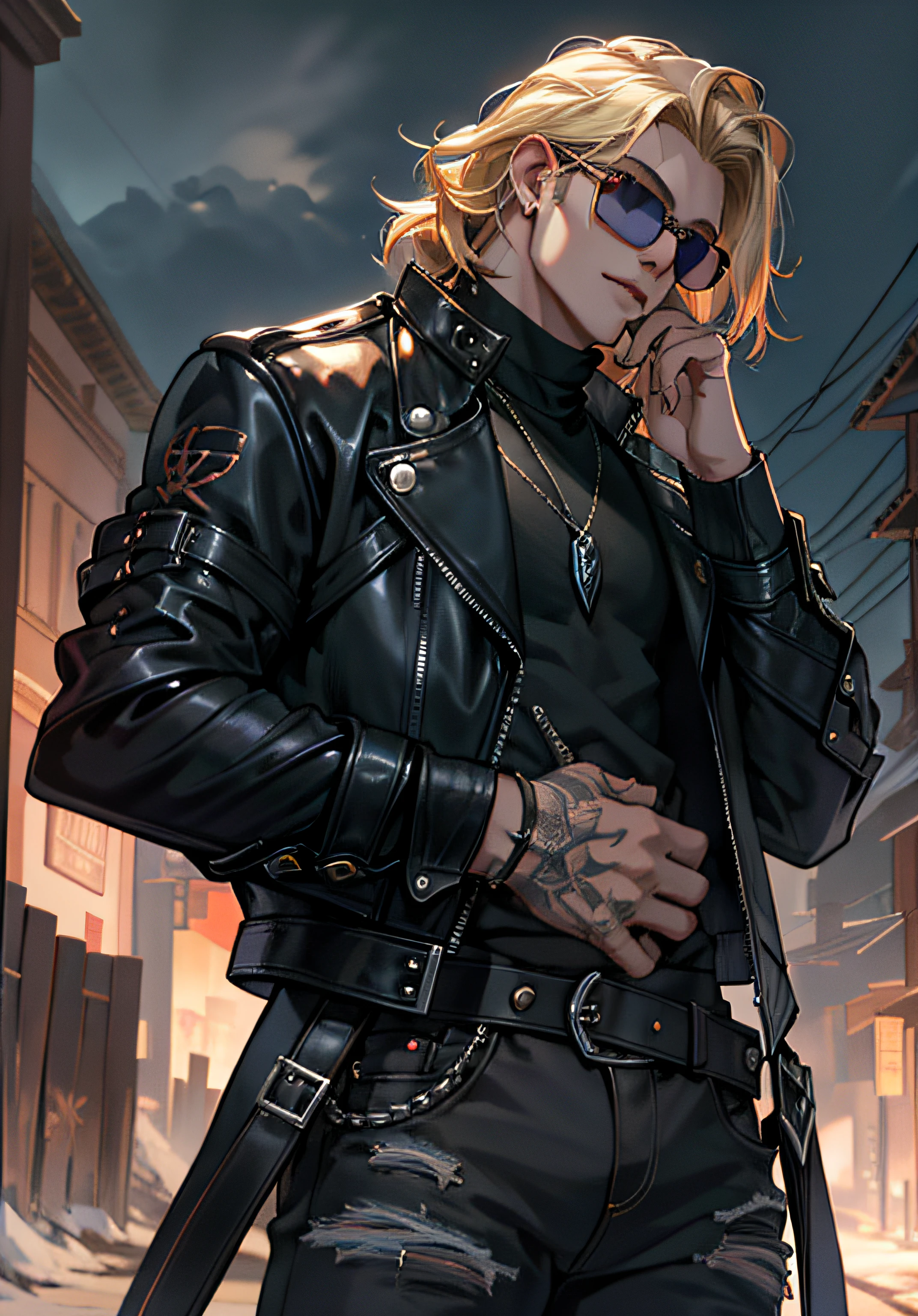 vampire style, ((Melhore o rosto)), ((piece of master, obra prima, melhor qualidade)), ultra detalhado 8k, Absurdo, 1 Thor masculino, Solo wearing a studded motorcycle jacket and black jeans, (Posar: Lestat), Noite de chuva, (((Sentado no telhado de casa))) with sunglasses, raios ao redor de si, thunders, thunders , cabelo blond, cabelo longo, roupas pretas, vestes pretas, Nebula and smoke, Pano preto, tempo fechado, tempo nublado, Tempo escuro, Cidade, raios ao redor , com o planeta terra no fundo, Braceletes pretos cravejados,