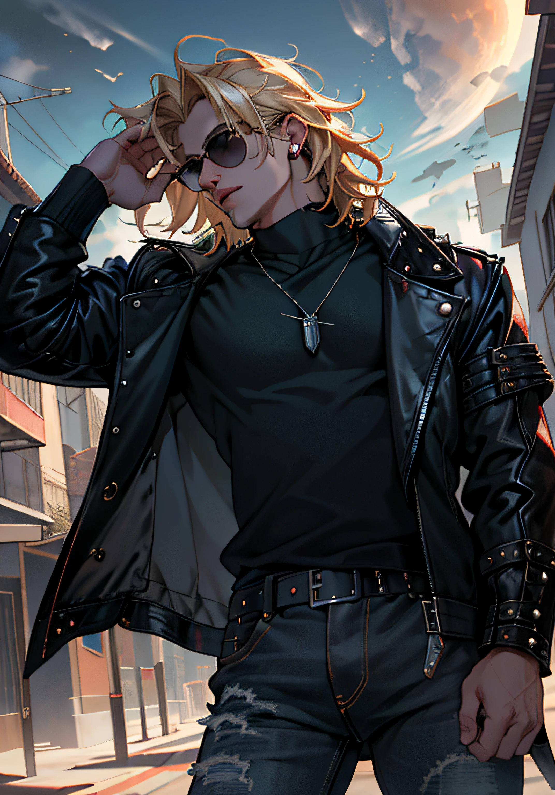 ((Melhore o rosto)), ((piece of master, obra prima, melhor qualidade)), ((Broken)), ultra detalhado 8k, Absurdo, 1 Thor masculino, Solo wearing a studded motorcycle jacket and black jeans, (Posar: Lestat), (((Sentado no telhado de casa))) with sunglasses, raios ao redor de si, thunders, thunders , cabelo blond, cabelo longo, roupas pretas, vestes pretas, Nebula and smoke, Pano preto, tempo fechado, tempo nublado, Tempo escuro, Cidade, raios ao redor , com o planeta terra no fundo, Braceletes pretos cravejados, vampire style,