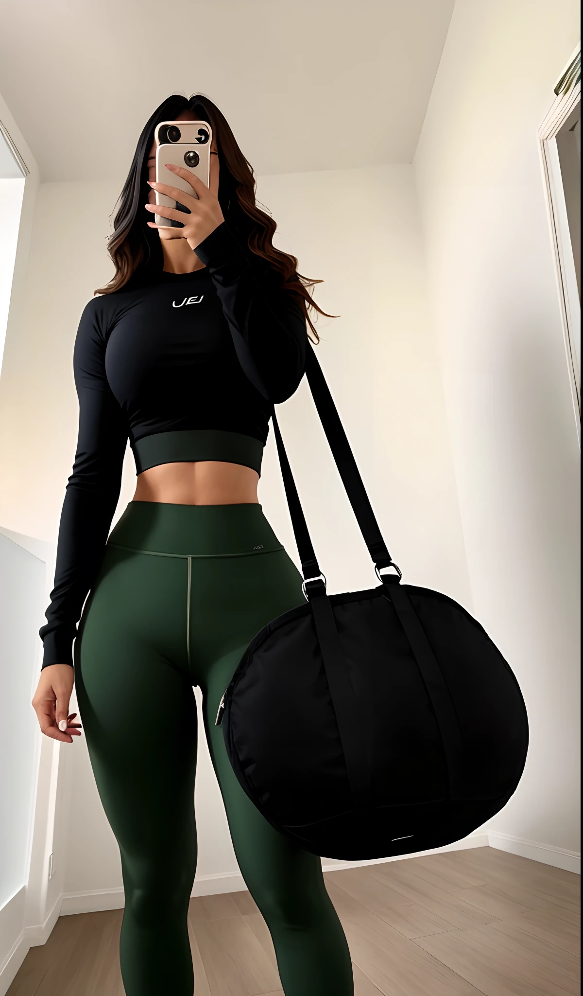 Araffe linda usando um top preto e Leggings tirando uma selfie, foto fit, usando roupas pretas apertadas, em forma, corpo esguio, usando equipamento de fitness, preto e verde, forma tonificada, Tonificado, roupas esportivas fofas, Leggings Pretas, Leggings pretas, corpo em forma, roupa apertada, Leggings, two piece workout clothes, Abs, verde e preto, thicc