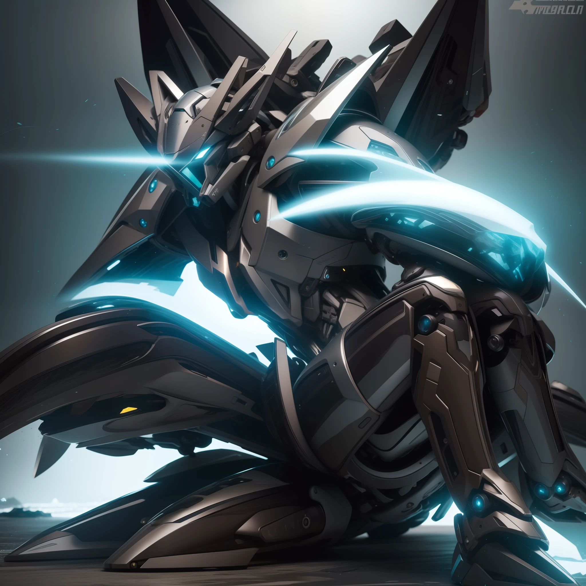 Wolf-type mech on the hunt,Hair is bright and realistic,Black all over,Recumbent position