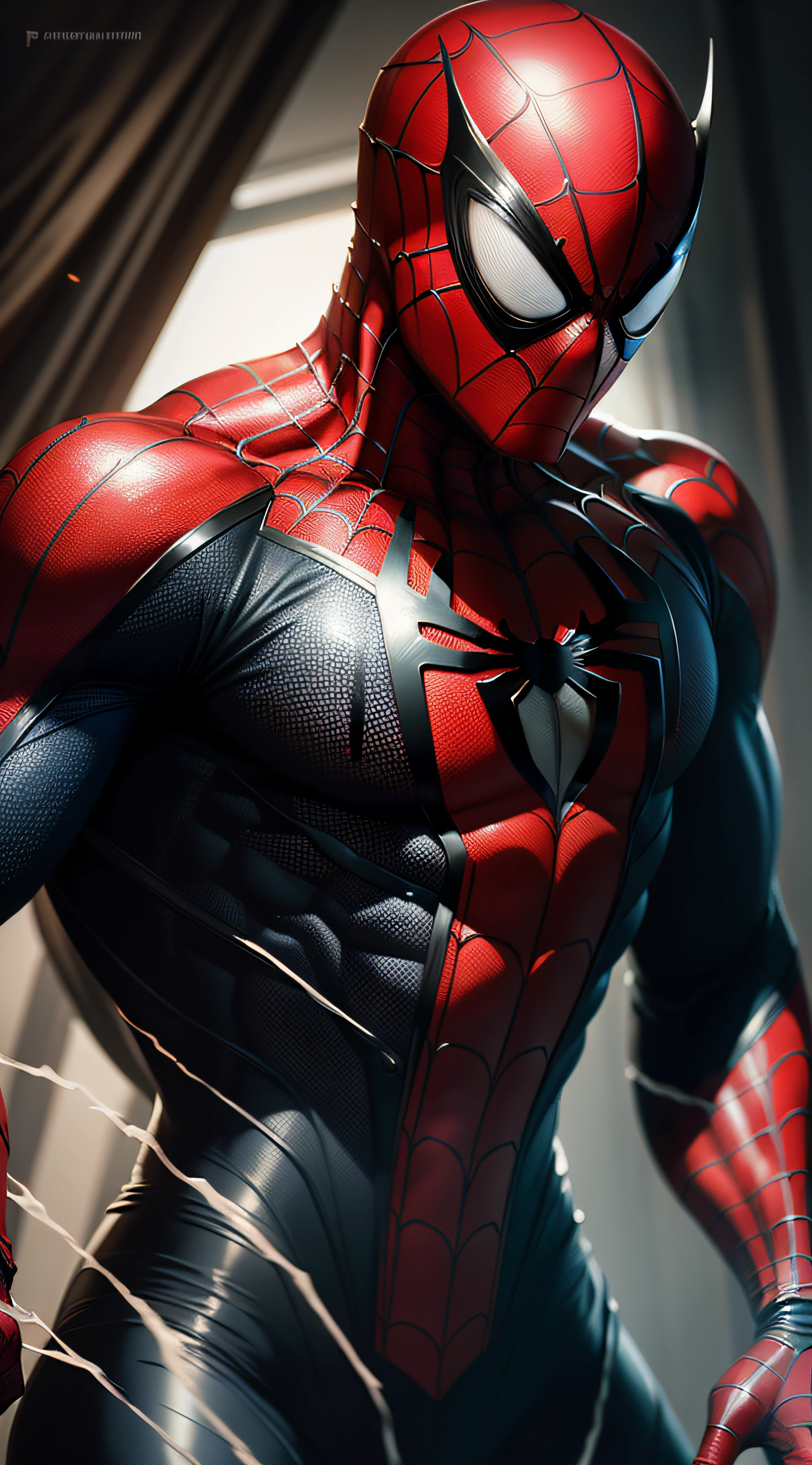 spiderman ((Best Quality)) (masterpiece), photorealistic film image, sharp and realistic image, strong athletic man in black and red symbiote suit with vine pattern, 16k, digital painting, high quality.