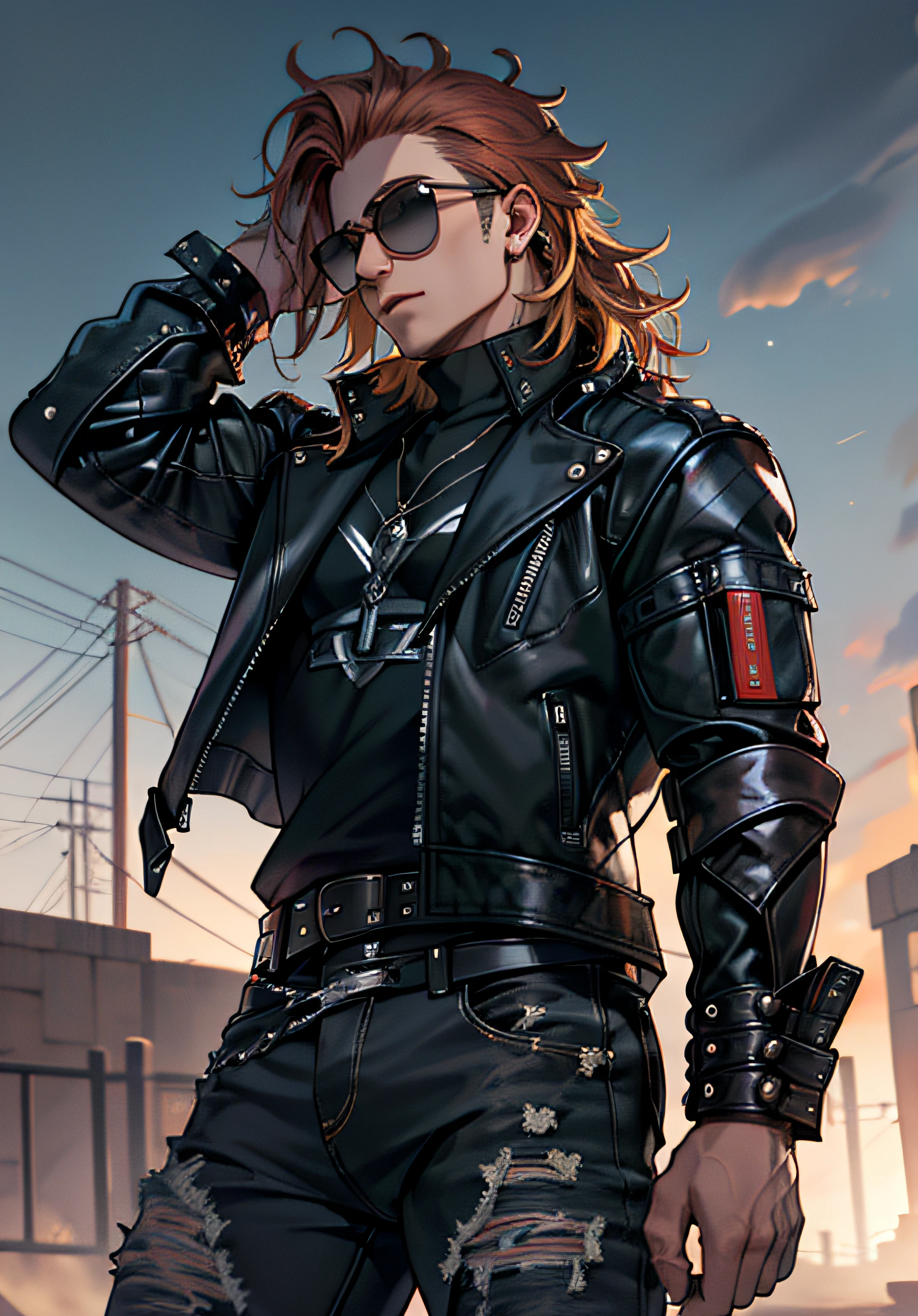 ((Melhore o rosto)), ((piece of master, obra prima, melhor qualidade)), ((Broken)), ultra detalhado 8k, Absurdo, 1 Thor masculino, Solo wearing a studded motorcycle jacket and black jeans, (Posar: Bon Jovi), with sunglasses, raios ao redor de si, thunders, thunders , cabelo blond, cabelo longo, roupas pretas, vestes pretas, Nebula and smoke, Pano preto, tempo fechado, tempo nublado, Tempo escuro, Cidade, raios ao redor , com o planeta terra no fundo, Braceletes pretos cravejados, (Sentado no telhado de casa)