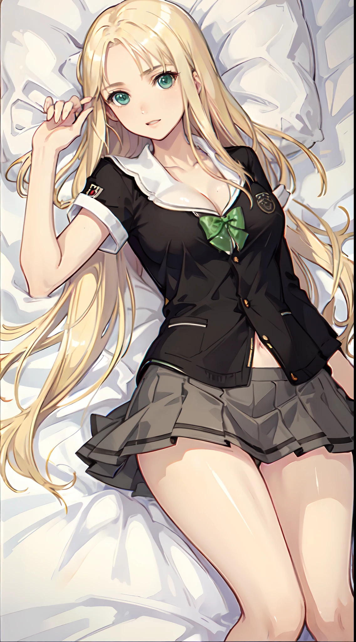blonde hair, long hair, green eyes, happy, school uniform, short skirt, medium breast, cleavage, bed, slim legs, navel, open clothes, laying down