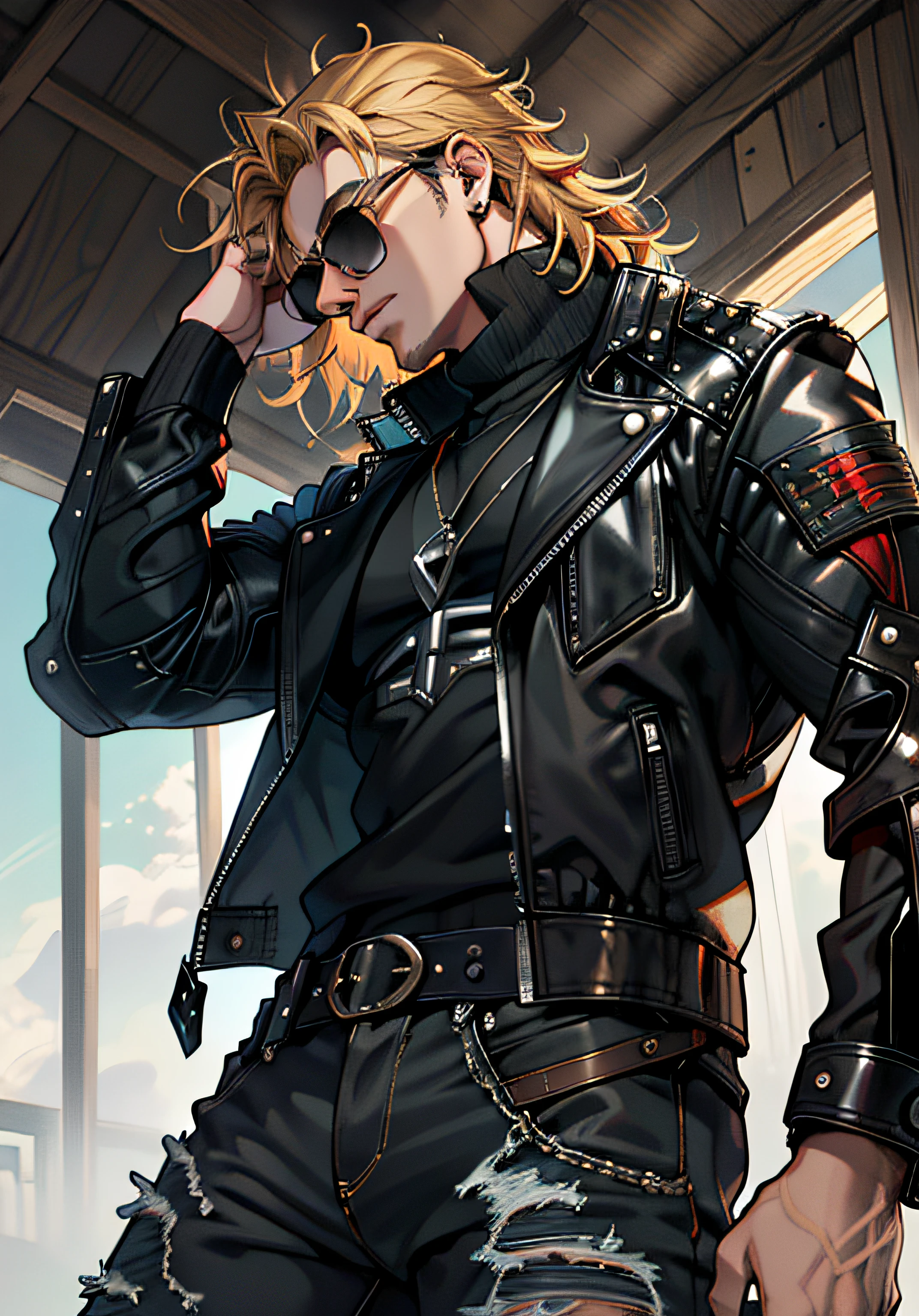((Melhore o rosto)), ((piece of master, obra prima, melhor qualidade)), ((Broken)), ultra detalhado 8k, Absurdo, 1 Thor masculino, Solo wearing a studded motorcycle jacket and black jeans, (Posar: Bon Jovi), with sunglasses, raios ao redor de si, thunders, thunders , cabelo blond, cabelo longo, roupas pretas, vestes pretas, Nebula and smoke, Pano preto, tempo fechado, tempo nublado, Tempo escuro, Cidade, raios ao redor , com o planeta terra no fundo, Braceletes pretos cravejados, (Sentado no telhado de casa)