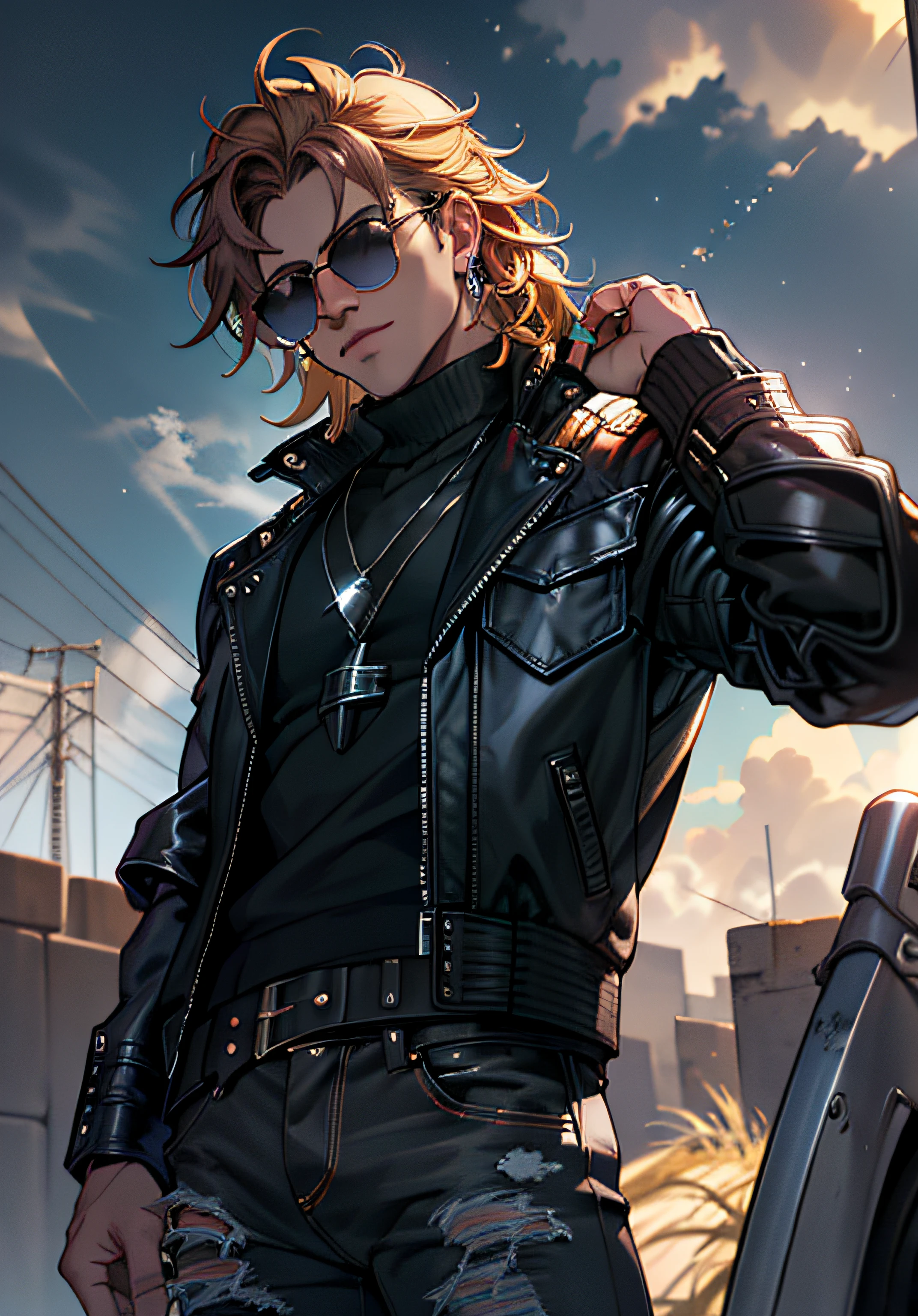 ((Melhore o rosto)), ((piece of master, obra prima, melhor qualidade)), ((Broken)), ultra detalhado 8k, Absurdo, 1 Thor masculino, Solo wearing a studded motorcycle jacket and black jeans, (Posar: Bon Jovi), with sunglasses, raios ao redor de si, thunders, thunders , cabelo blond, cabelo longo, roupas pretas, vestes pretas, Nebula and smoke, Pano preto, tempo fechado, tempo nublado, Tempo escuro, Cidade, raios ao redor , com o planeta terra no fundo, Braceletes pretos cravejados, (Sentado no telhado de casa)