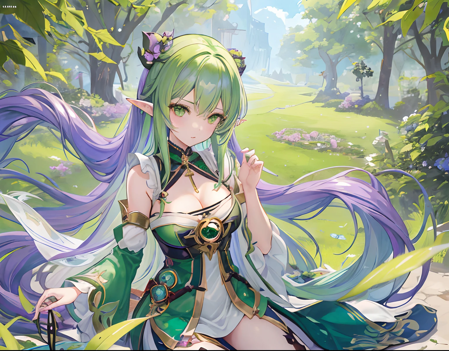 anime girl with long purple hair and green eyes holding a green leaf, elf girl, crisp clear rpg portrait, high detailed official artwork, detailed fanart, shadowverse style, nahida genshin impact, alluring elf princess knight, detailed key anime art, astri lohne, genshin, she has elf ears and gold eyes, official character art, elf queen