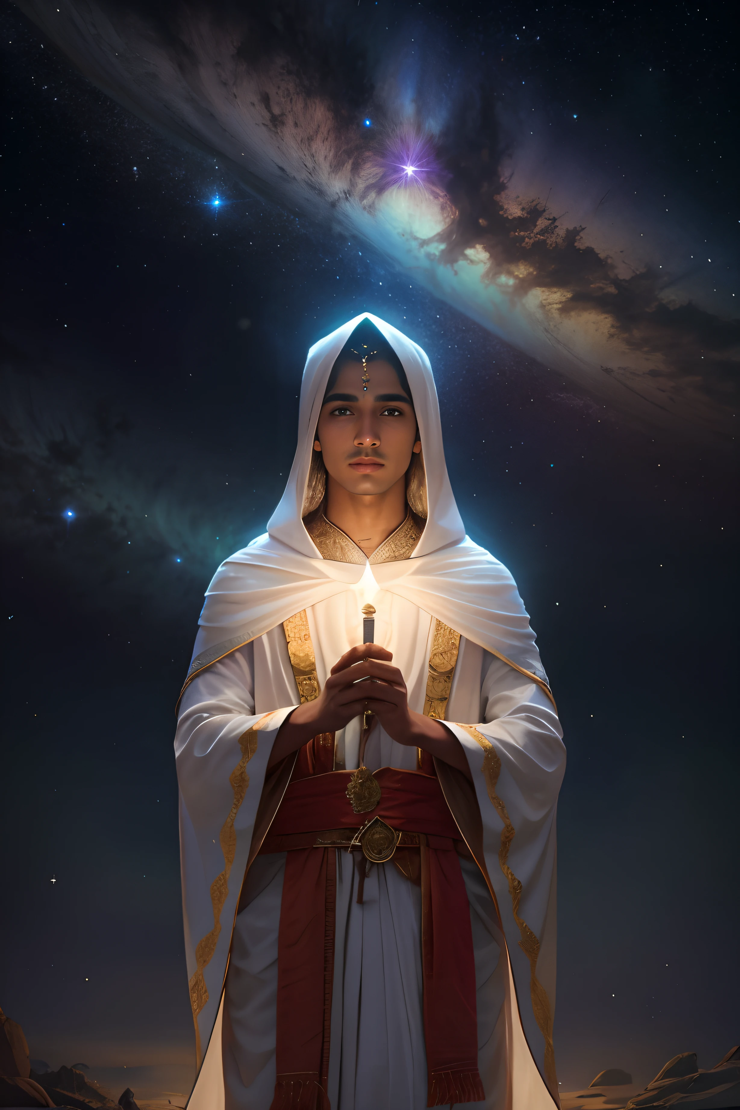 Image of a brown Hindu-looking man in a robe reminiscent of Hindu culture holding a star-shaped candle, Retrato da feiticeiro masculino, Retrato de um jovem mago elfo, um jovem bruxo hindu, Portrait of a wizard conjuring a spell, a stunning young ethereal figure, dressed as an oracle, retrato closeup de um mago, elven spirit meditating in space, sacerdotisa, many colorful stars in the sky, muitas super novas, muitos planetas brilhando