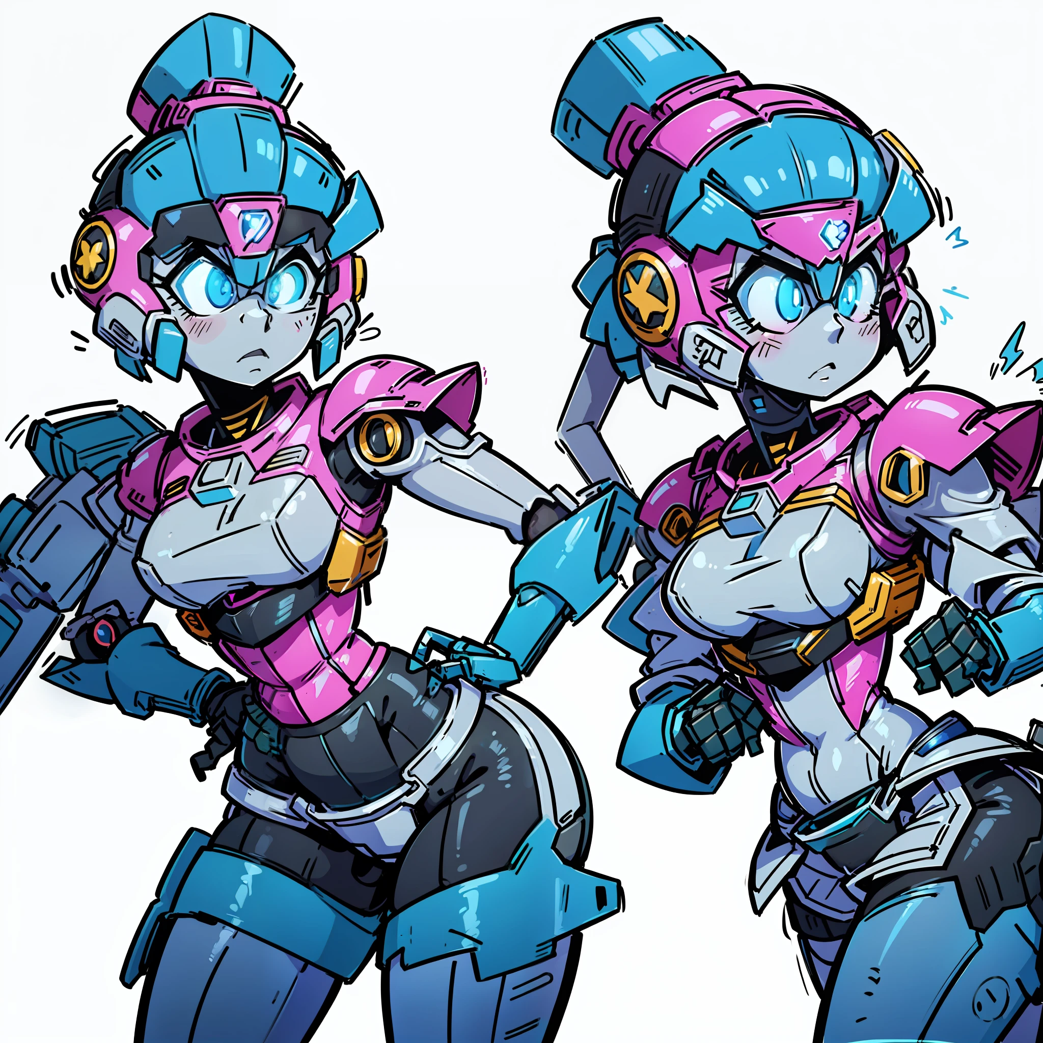 (NSFW:0.8), ((masterpiece)), best quality, a cartoon anime style, toonish style, (1girl, character sheet:1.4), front view, side view, back view, (feminine figure, butt, pretty, beautiful, sexy), reimagine a female mecha space ranger soldier character with a strong and heroic appearance, (futuristic armor suit:1.5), (different expressions:2), (energy sword on hip:1.3). Use the color scheme of metallic pink and gray and blue for her armor suit. Emphasize the dynamic pose and the presence of her being in galaxies and stars in the to enhance the sense of her space adventure, ready to show everyone her detail story.