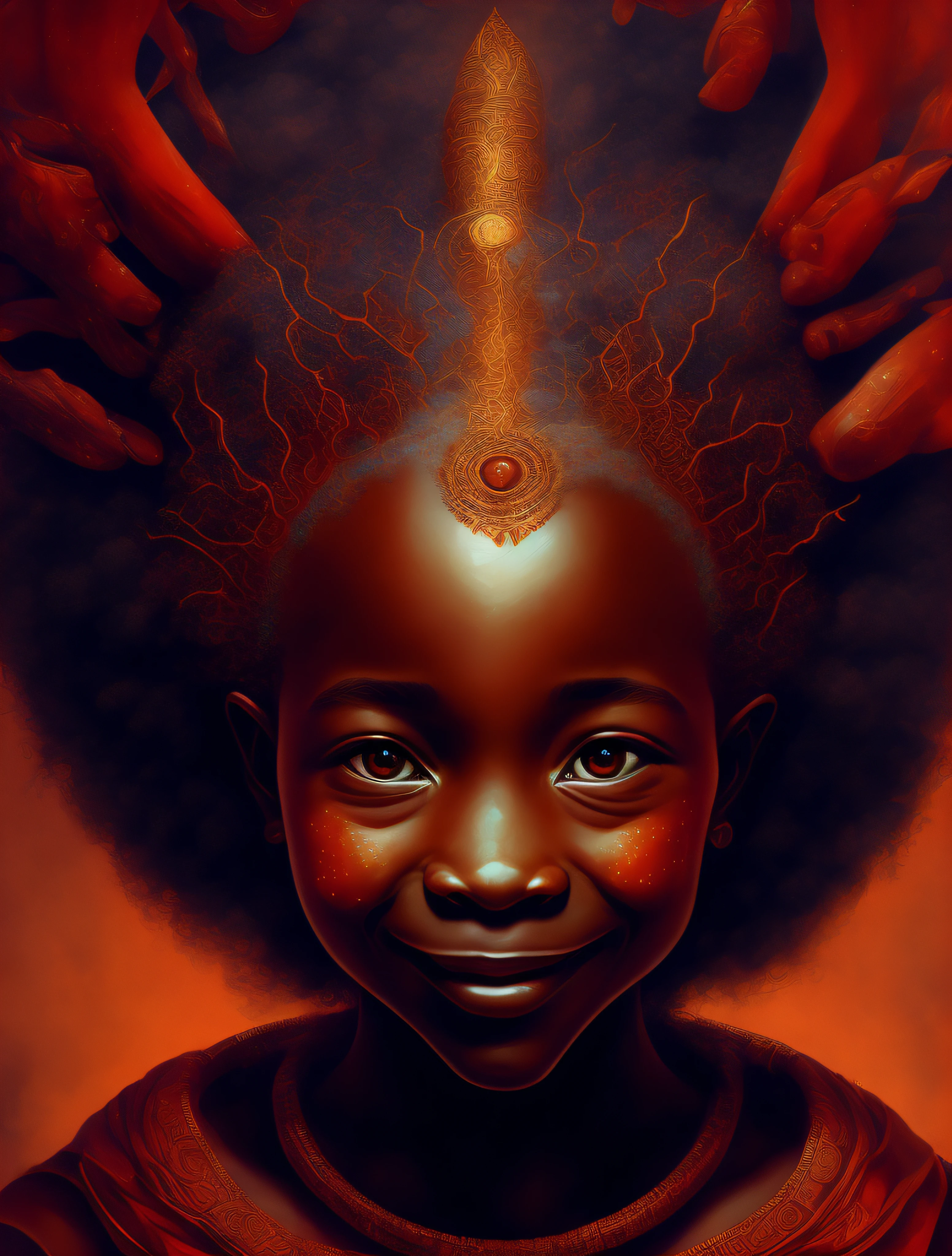 barnet,Ere,exu, The African Orisha;, ((( smiling))),sorrindo,dentes brancos,(((Sorriso aberto))), HAPPY CHILD god of transformation, Ioruba, Yoruba deity, olhar de menino, sensivel, sorriso, belo, Props in shades of red and black, vestindo um ade detalhado e intrincado, cosmic god,Afrofuturista