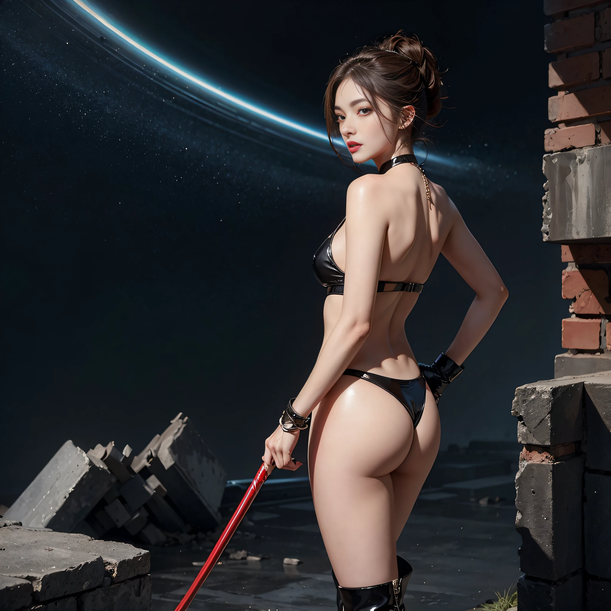 ((masterpiece:1.4)、(top-quality:1.4)、(reallistic:1.7))、Space Warrior、Beauty Warrior、Sexy Daughter、1girl in、latex shiny、Latex bodysuit、By Luis Royo、age19、Super Ultra Ultra Bikini、Looking Back Beauty、Outstanding style、Slender Abs、beauty legs、Beautiful ass、A detailed eye、beautidful eyes、Raw photo、red-lips、Red boots、a choker、a necklace、耳Nipple Ring、Combat in the ruins of an ancient city of the planet
