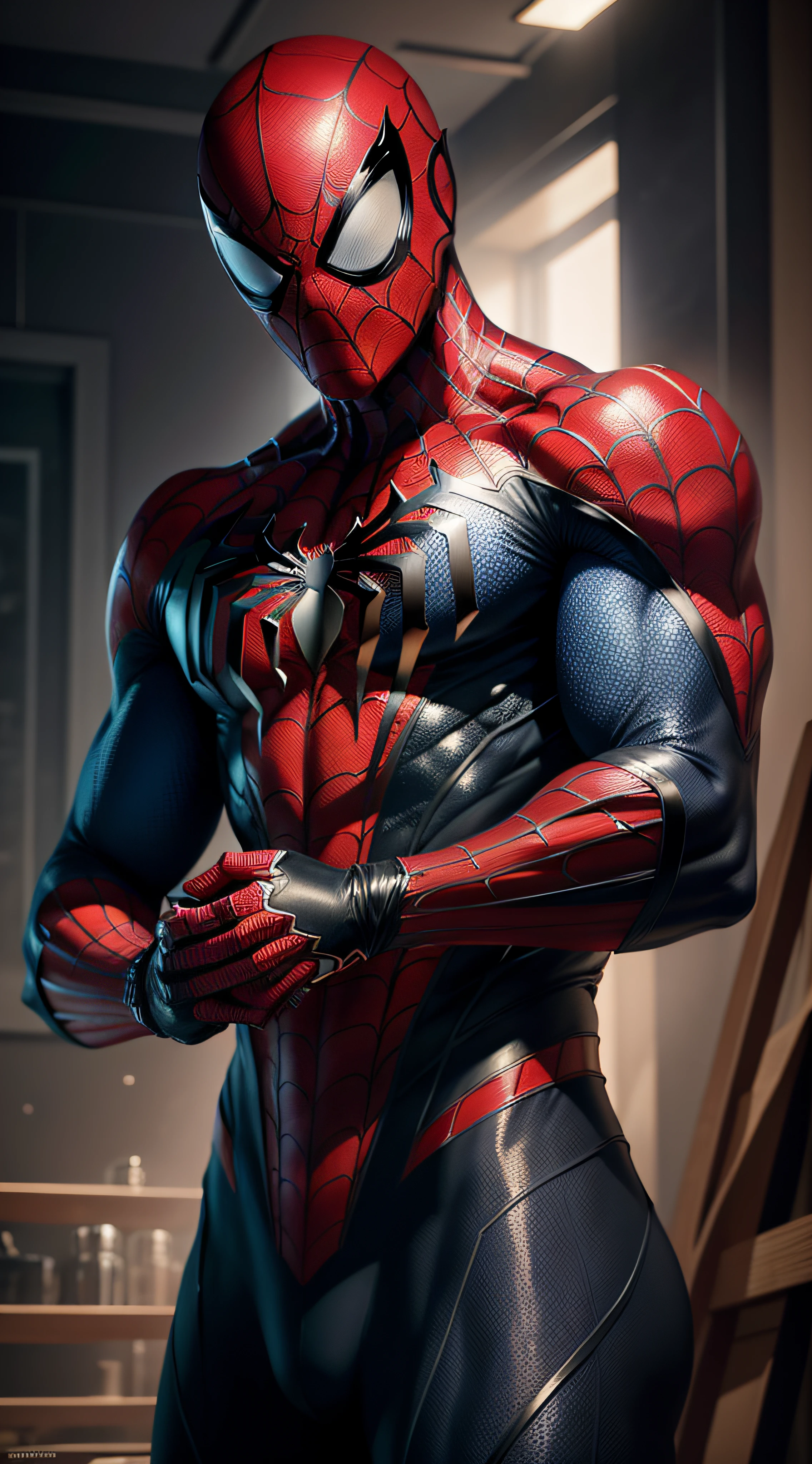 spiderman ((Best Quality)) (masterpiece), photorealistic film image, sharp and realistic image, strong athletic man in black and red symbiote suit with vine pattern, 16k, digital painting, high quality.