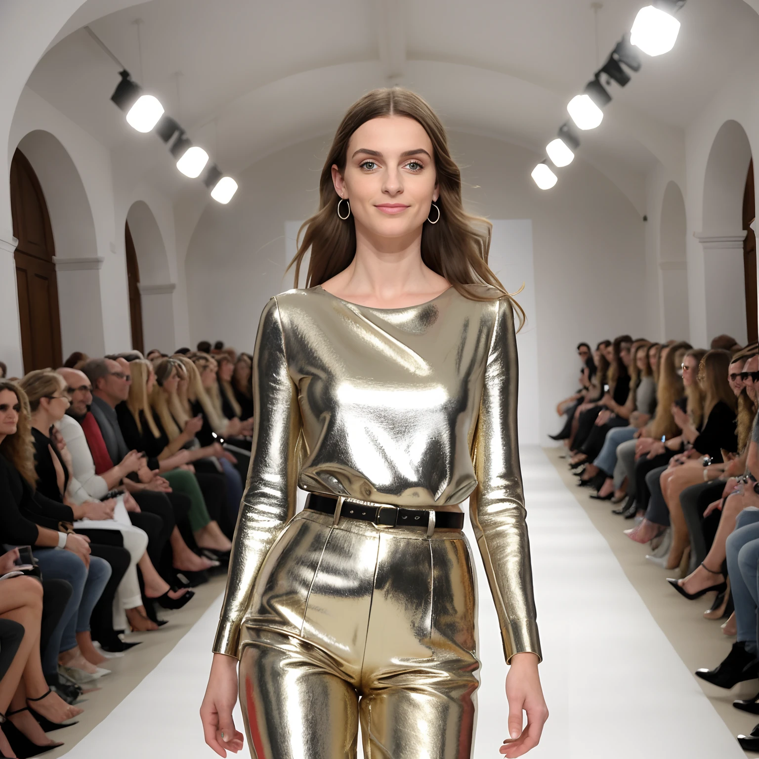 ((melhor qualidade)), ((obra-prima)), ((ultra realista)), (Rome fashion week, desfile de moda), fullbody shot, Masterpiece trending at the art station of a sexy 20-year-old brunette influencer at an evening fashion show, state of art clothes, surrealism style, cabelo liso e molhado, cinematic movie still, rosto detalhado marcante, sorrindo, olhando para a camera, ((shape behind:1.2)), olhos detalhados, vestindo looks VOGUE, bunda perfeita, fundo detalhado, tempo noturno, detalhes intrincados, rua chuvosa em uma cidade sombria lotada, Budapest FashionWeek, edgelighting, (chovendo), profissional, cinematic moody lighting, obra-prima, realista, rugosidade, rugosidade, ultra realista, obra-prima, realista, rugosidade, ultra realista, fotografado em uma Canon EOS R5, lente de 50mm, cores silenciadas, F/2.8, HDR, 8K分辨率, highres, alto detalhe, foco nítido, suave, rugosidade, vida real, fotorrealismo, fotografia, 8k uhd